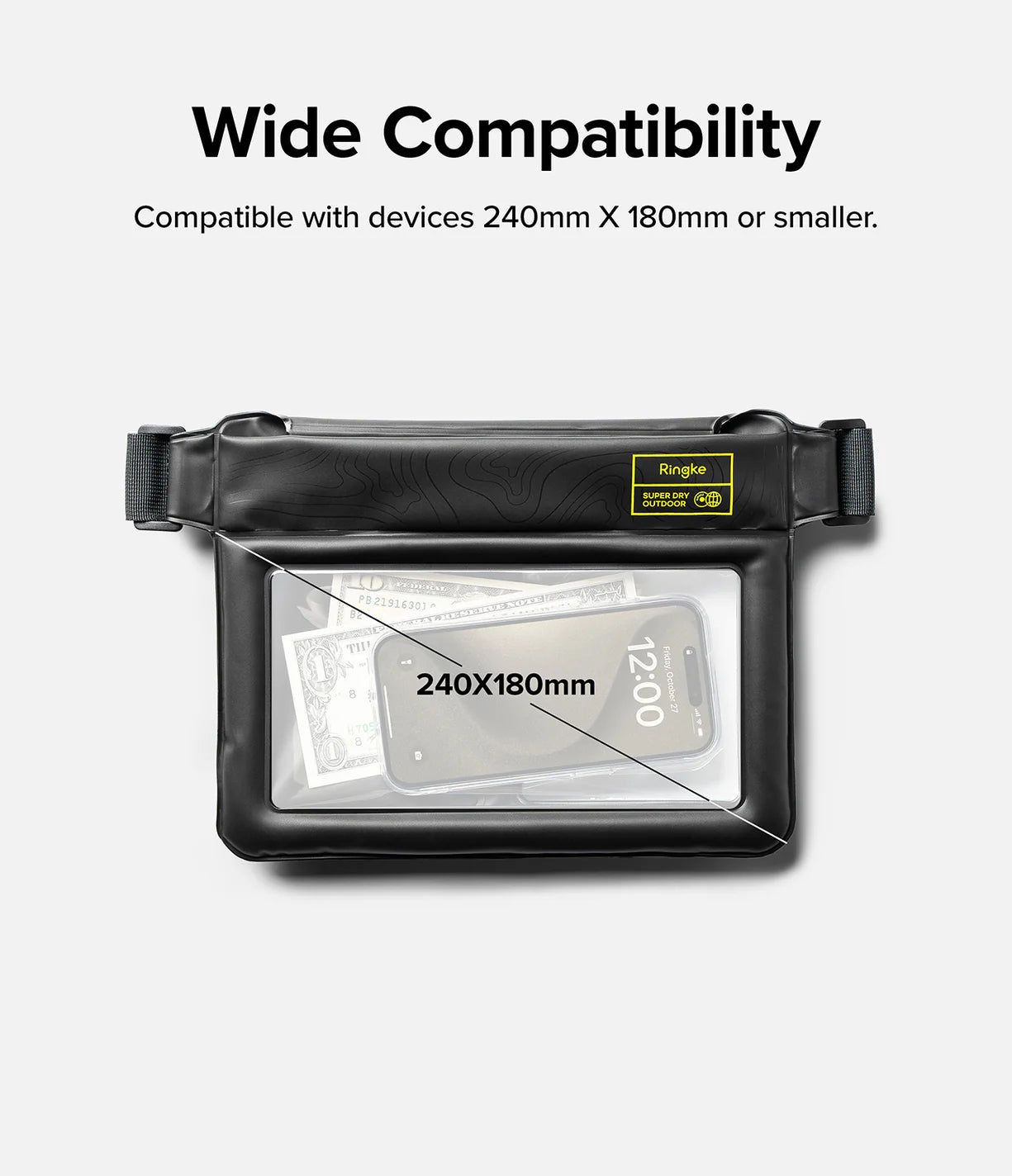 Palm Leaves / Navy Stripes Floating Strap & Waterproof Sling Bag | Black waterproof bag with a clear front window displaying a device, on a white background.
