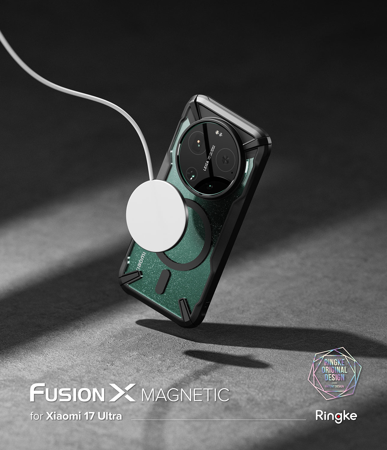 Xiaomi 17 Ultra Case | Fusion-X Magnetic - A green Xiaomi 17 Ultra in a black magnetic case charging with a white disc.