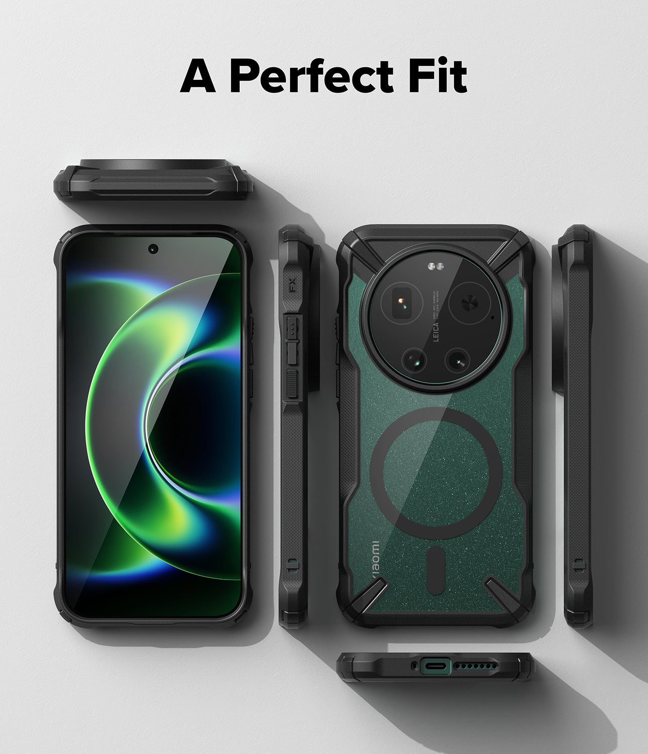 Xiaomi 17 Ultra Case | Fusion-X Magnetic - Multiple views of a green phone case with a magnetic ring on a white background.