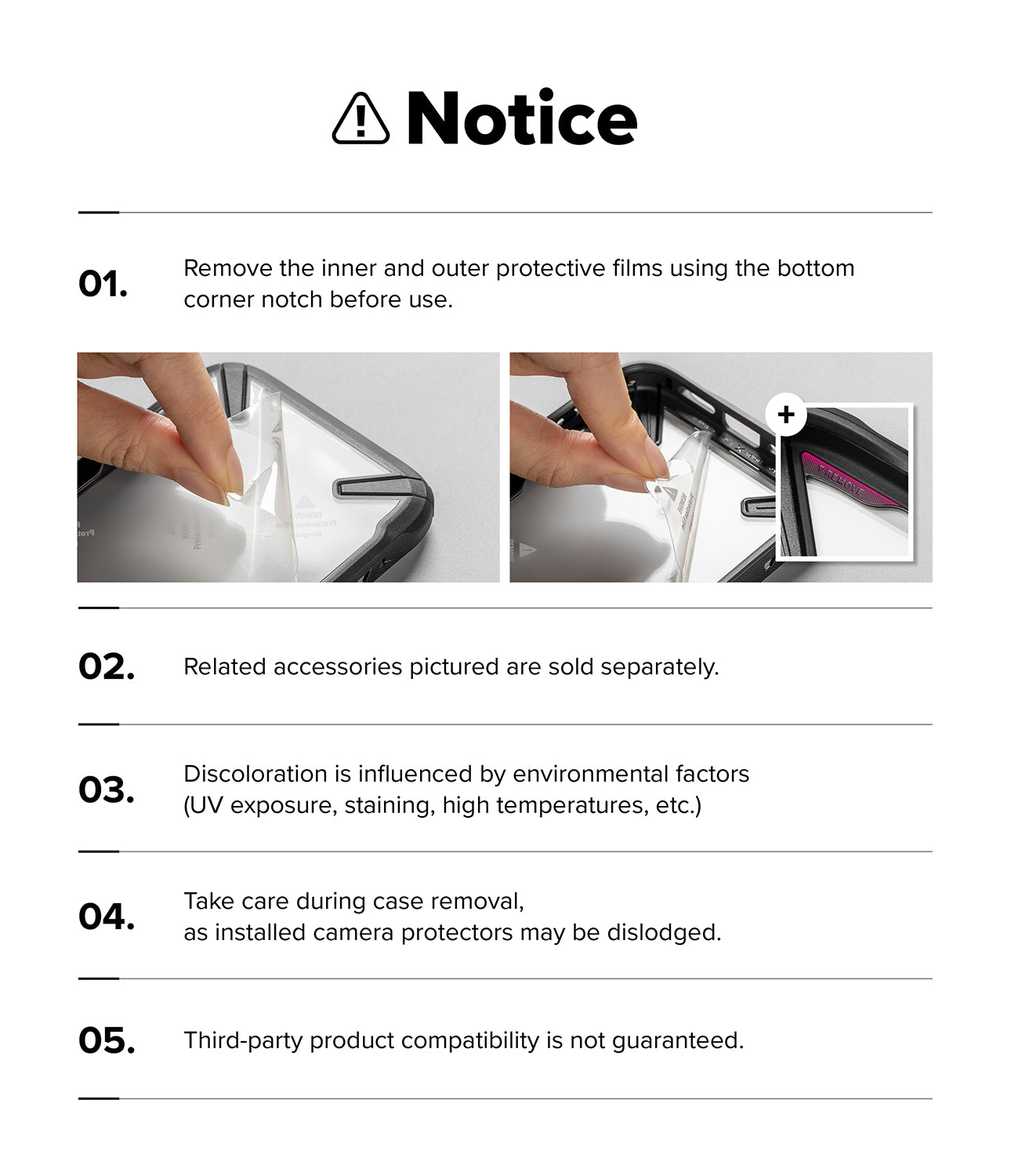 Xiaomi 17 Ultra Case | Fusion-X Magnetic - Five-point instructional notice for removing protective films and usage warnings.
