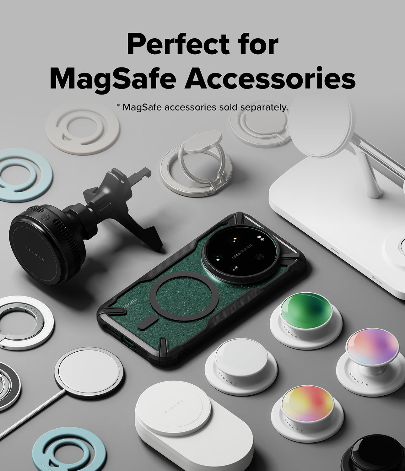 Xiaomi 17 Ultra Case | Fusion-X Magnetic - A green Xiaomi 17 Ultra phone case surrounded by various MagSafe accessories.