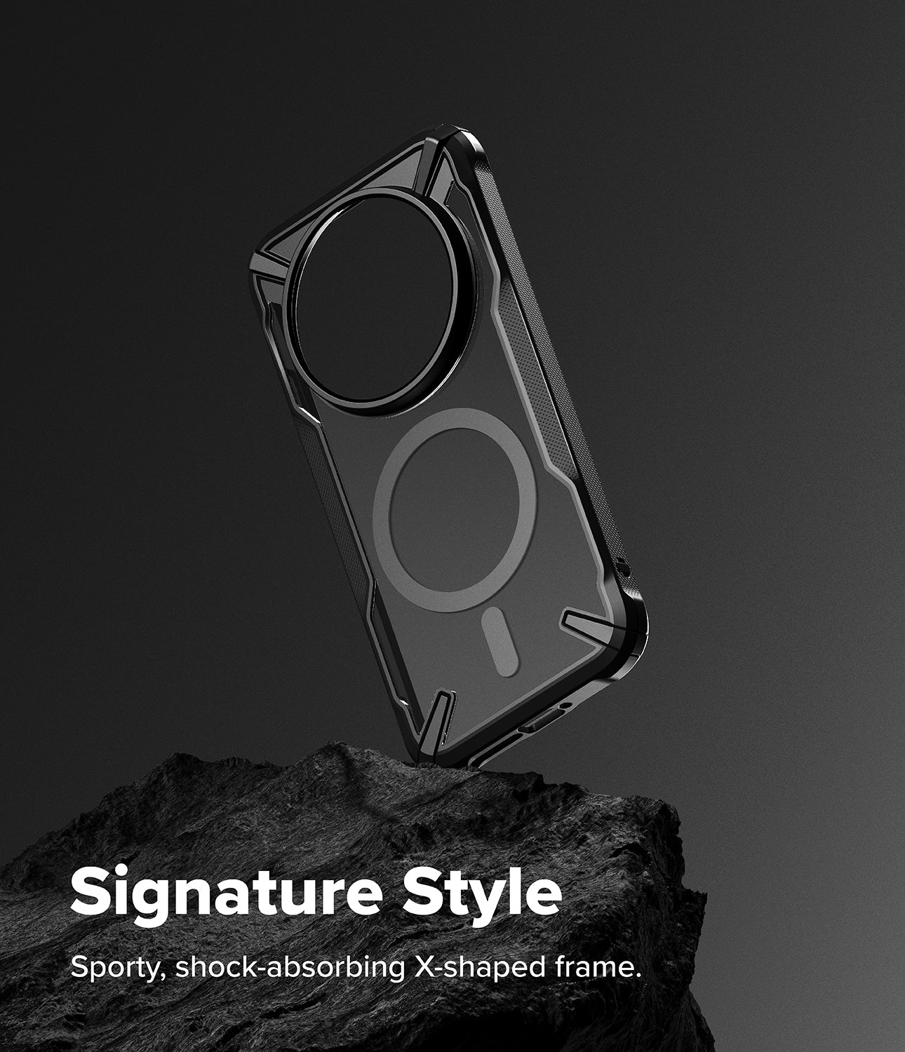 Xiaomi 17 Ultra Case | Fusion-X Magnetic - Black protective phone case with magnetic ring resting on a dark rock.