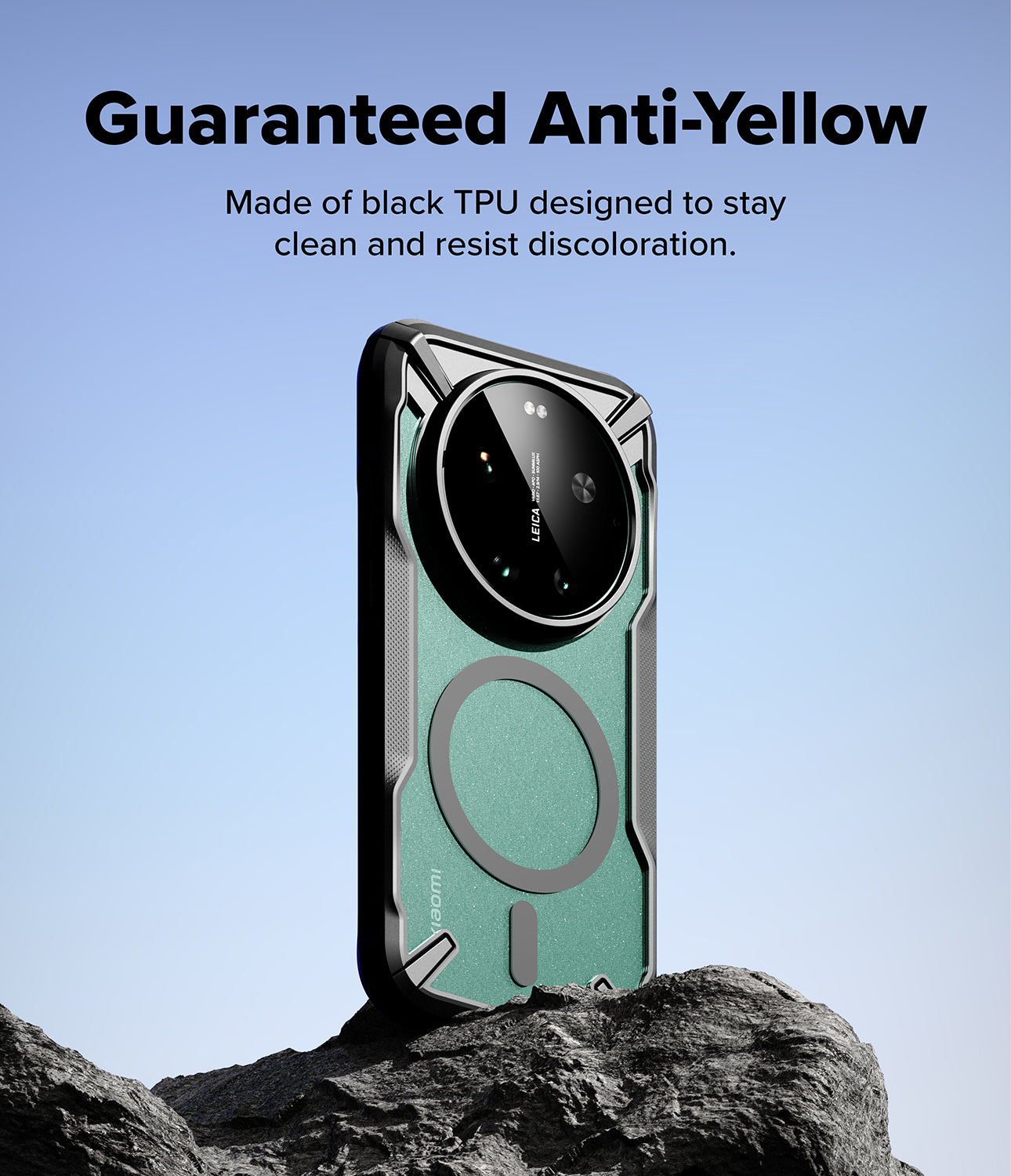 Xiaomi 17 Ultra Case | Fusion-X Magnetic - Green phone case with magnetic ring on a rock against a blue sky.