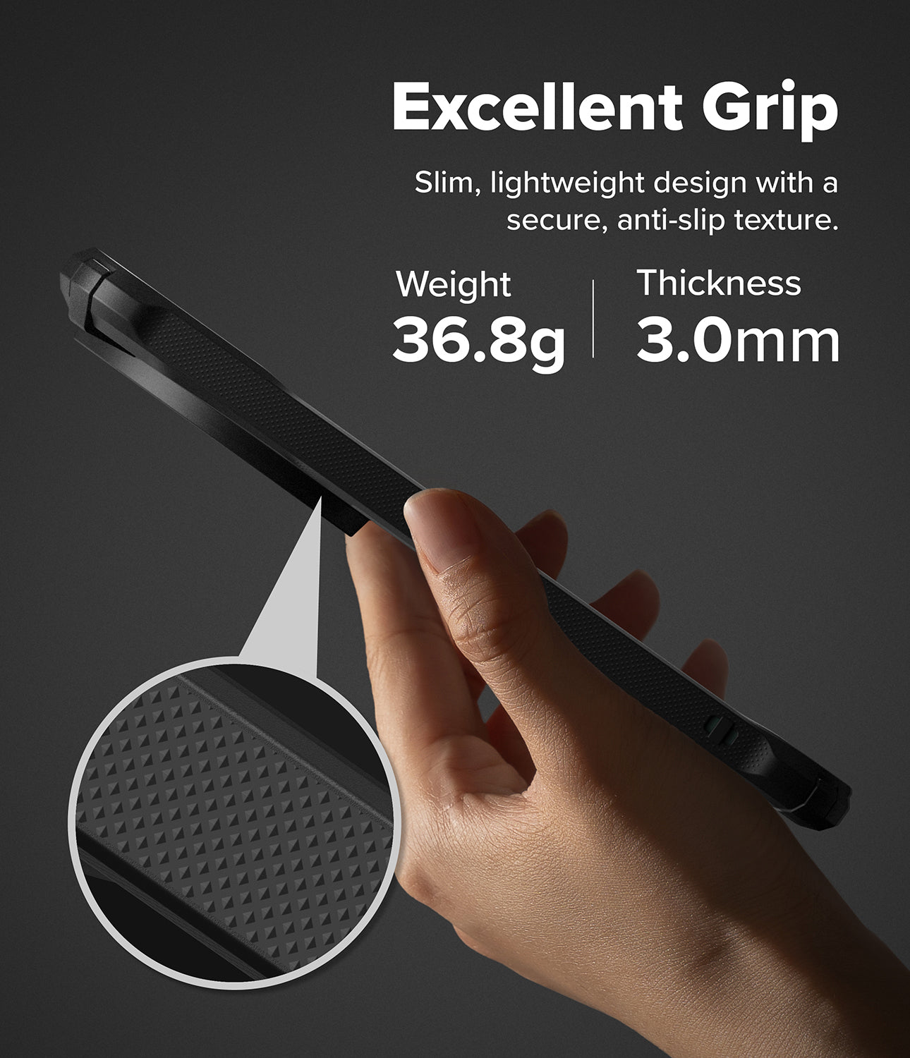Xiaomi 17 Ultra Case | Fusion-X Magnetic - Hand holding a slim black phone case with a textured grip and 36.8g weight.