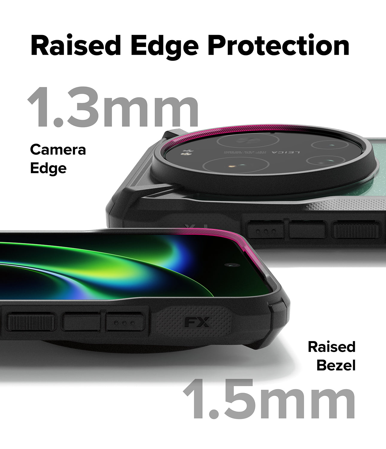Xiaomi 17 Ultra Case | Fusion-X Magnetic - Close-up of phone case showing 1.3mm raised camera edge and 1.5mm raised screen bezel.