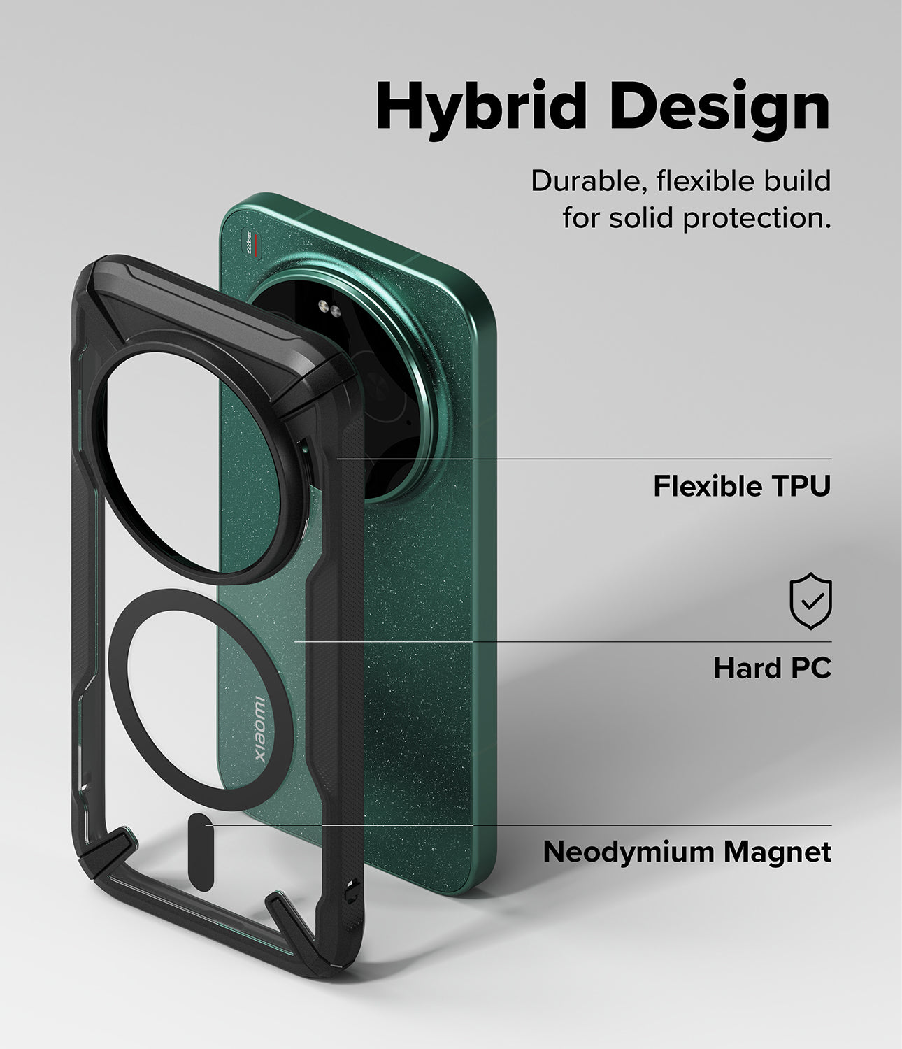 Xiaomi 17 Ultra Case | Fusion-X Magnetic - Exploded view of a hybrid phone case showing TPU, PC, and magnetic layers.