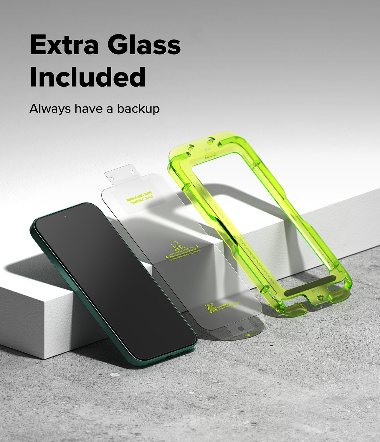 Xiaomi 17 Ultra Screen Protector | Easy Slide Tempered Glass - Smartphone with green case and screen protector on a gray surface, with text 'Extra Glass Included'.
