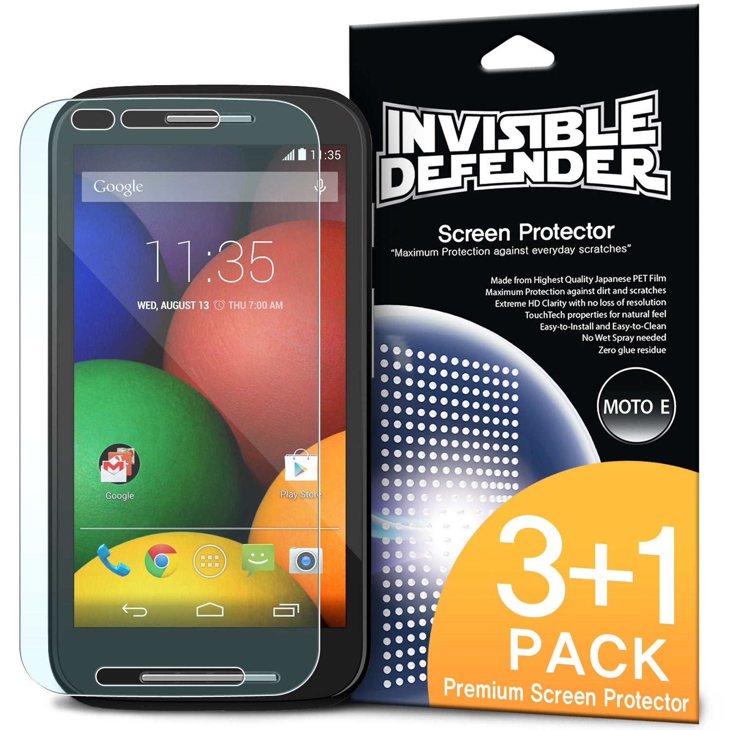Moto E 2015 (2nd Gen.) Screen Protector | Film - Smartphone with screen protector overlay next to 3+1 pack retail box.