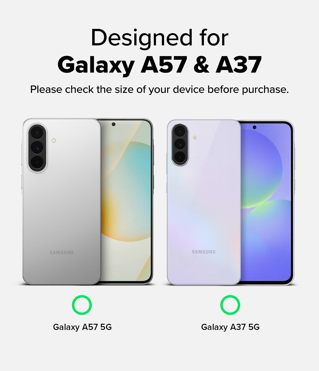 Galaxy A37 / A57 5G | Camera Glass 2P - Comparison of silver and light purple Samsung Galaxy phones with camera labels.