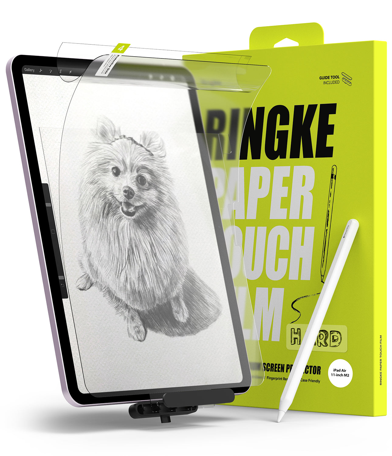 Paper Touch Film Hard | iPad - Paper Touch Film Hard - iPad screen protector being applied to an iPad displaying a pencil sketch of a dog, with packaging.