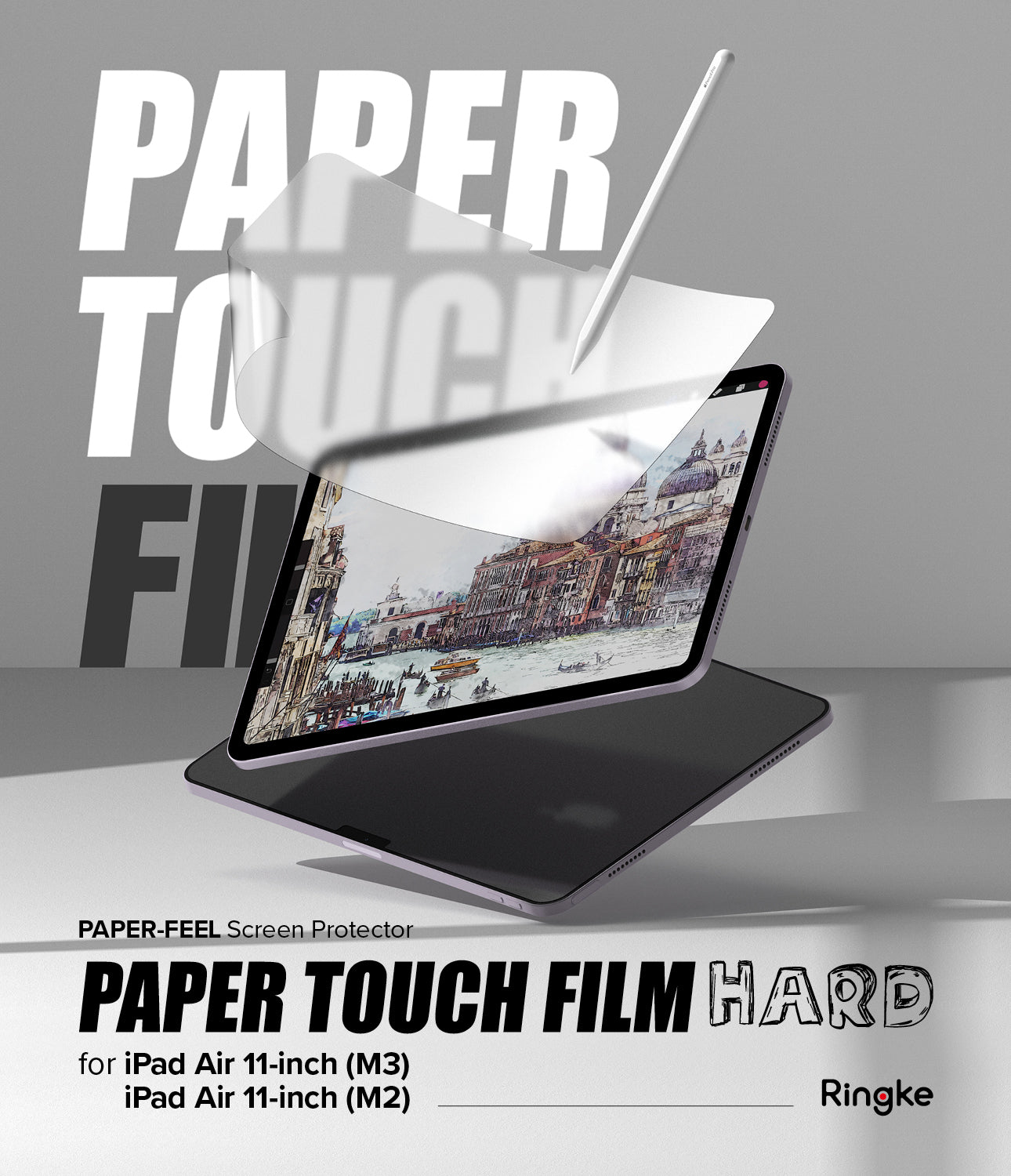 Paper Touch Film Hard | iPad - Paper Touch Film Hard - iPad screen protector being applied to an iPad displaying a watercolor painting with a stylus.