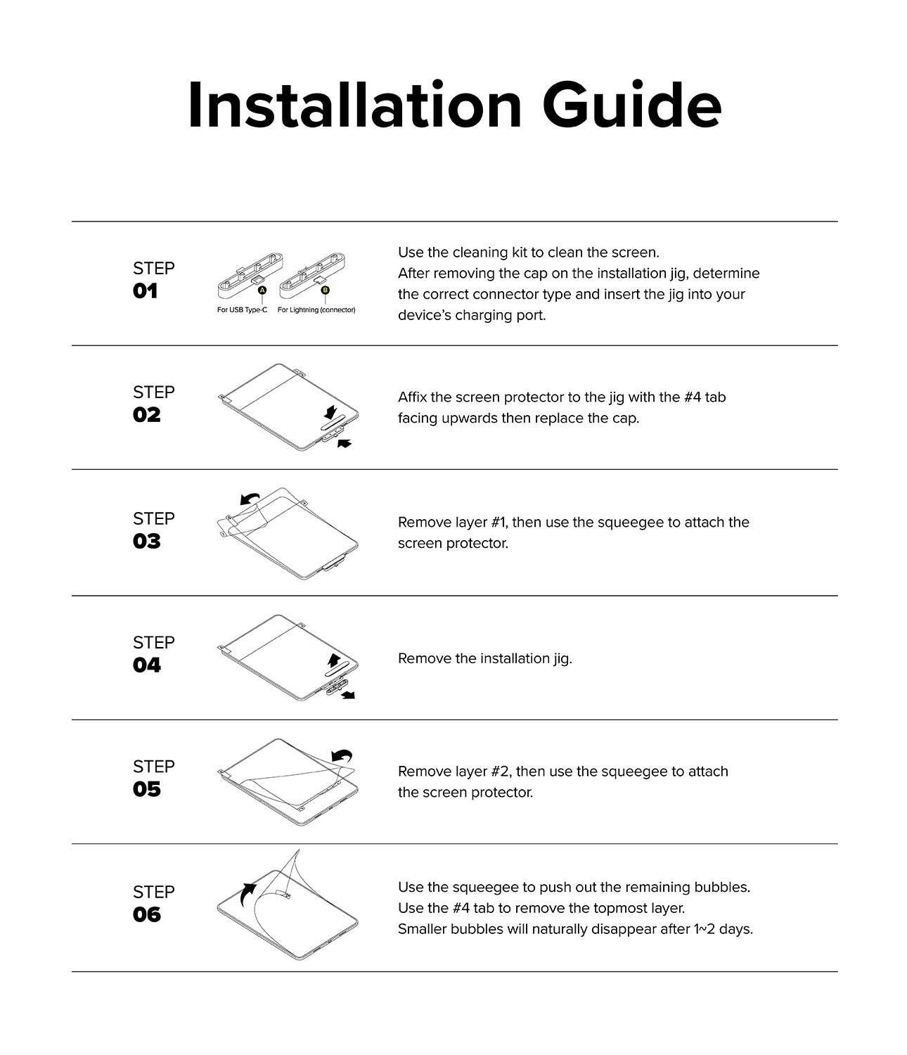 Paper Touch Film Hard | iPad - Paper Touch Film Hard - Six-step illustrated guide for installing an iPad screen protector using an alignment jig.