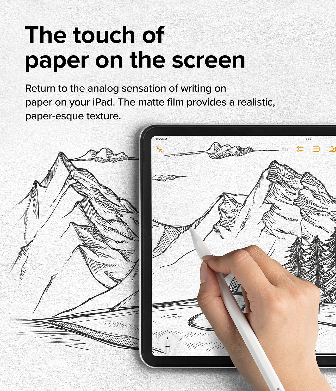 Paper Touch Film Hard | iPad - Paper Touch Film Hard - Hand using a stylus to draw a mountain landscape on an iPad screen with a matte, paper-like texture.