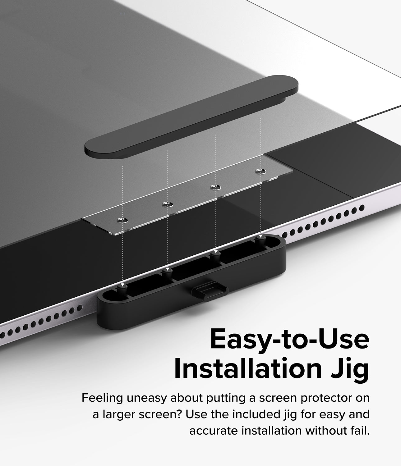 Paper Touch Film Hard | iPad - Paper Touch Film Hard - iPad screen protector installation jig aligning with the device edge for precise application.