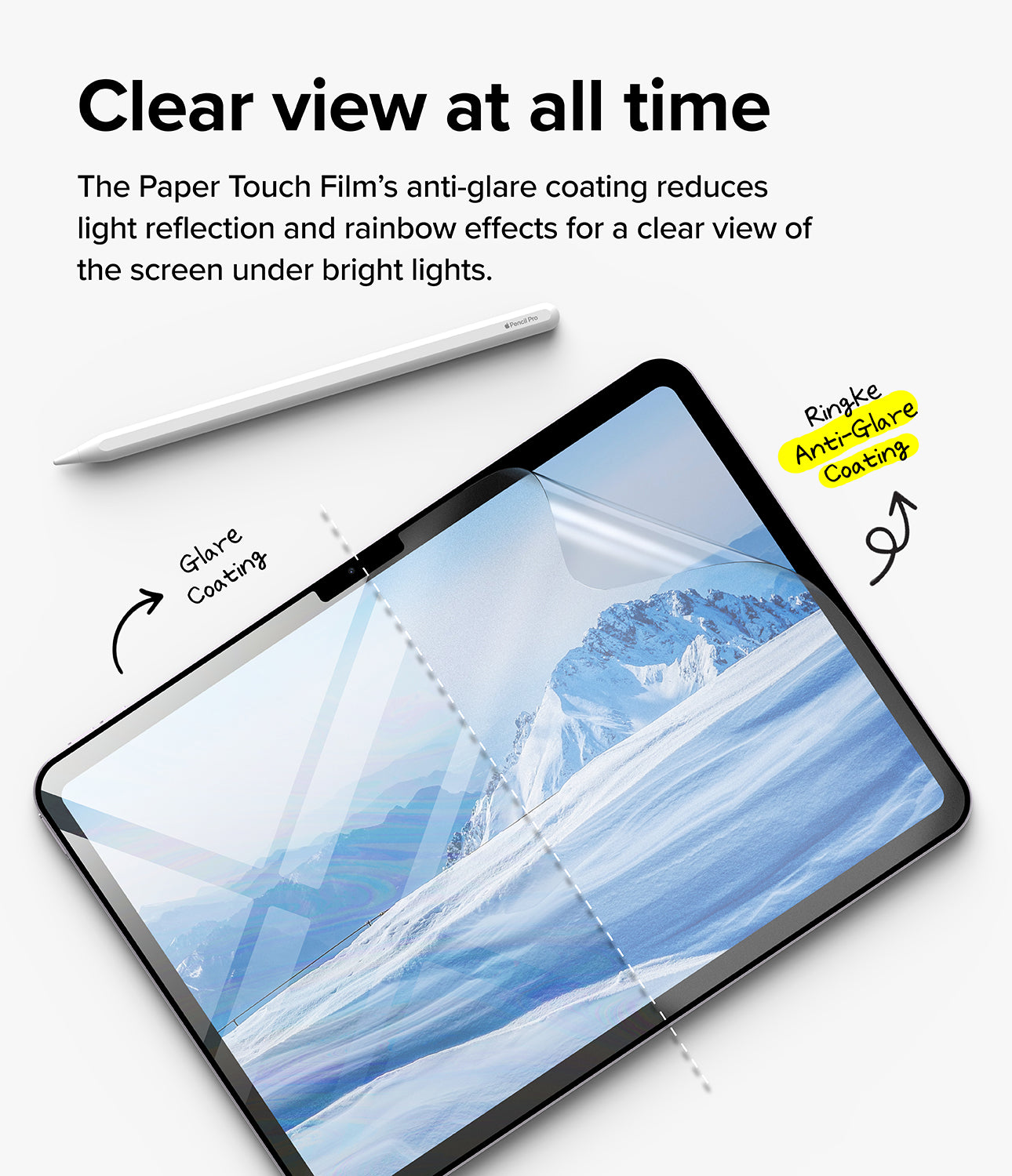 Paper Touch Film Hard | iPad - Paper Touch Film Hard - iPad screen showing a split comparison between glare and anti-glare coating with a stylus above.