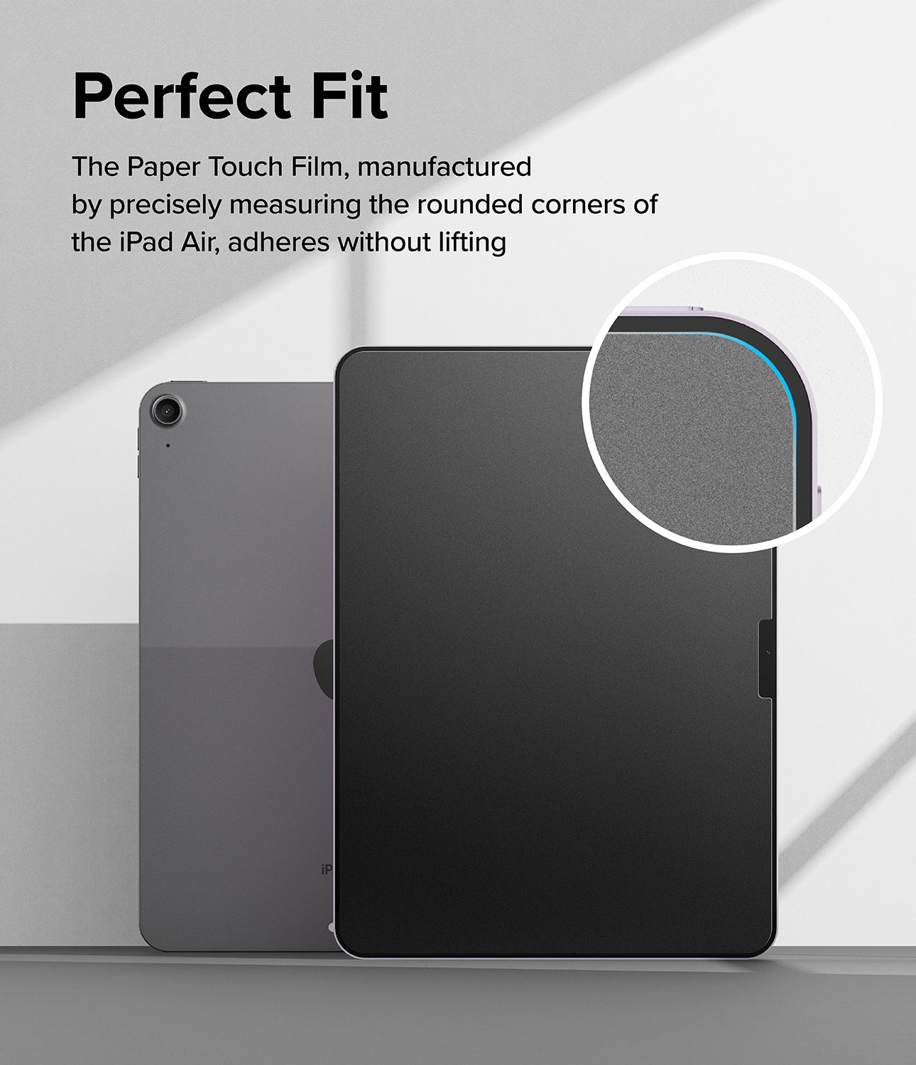Paper Touch Film Hard | iPad - Paper Touch Film Hard - iPad screen protector with a close-up circle highlighting the precise fit on the rounded corner.