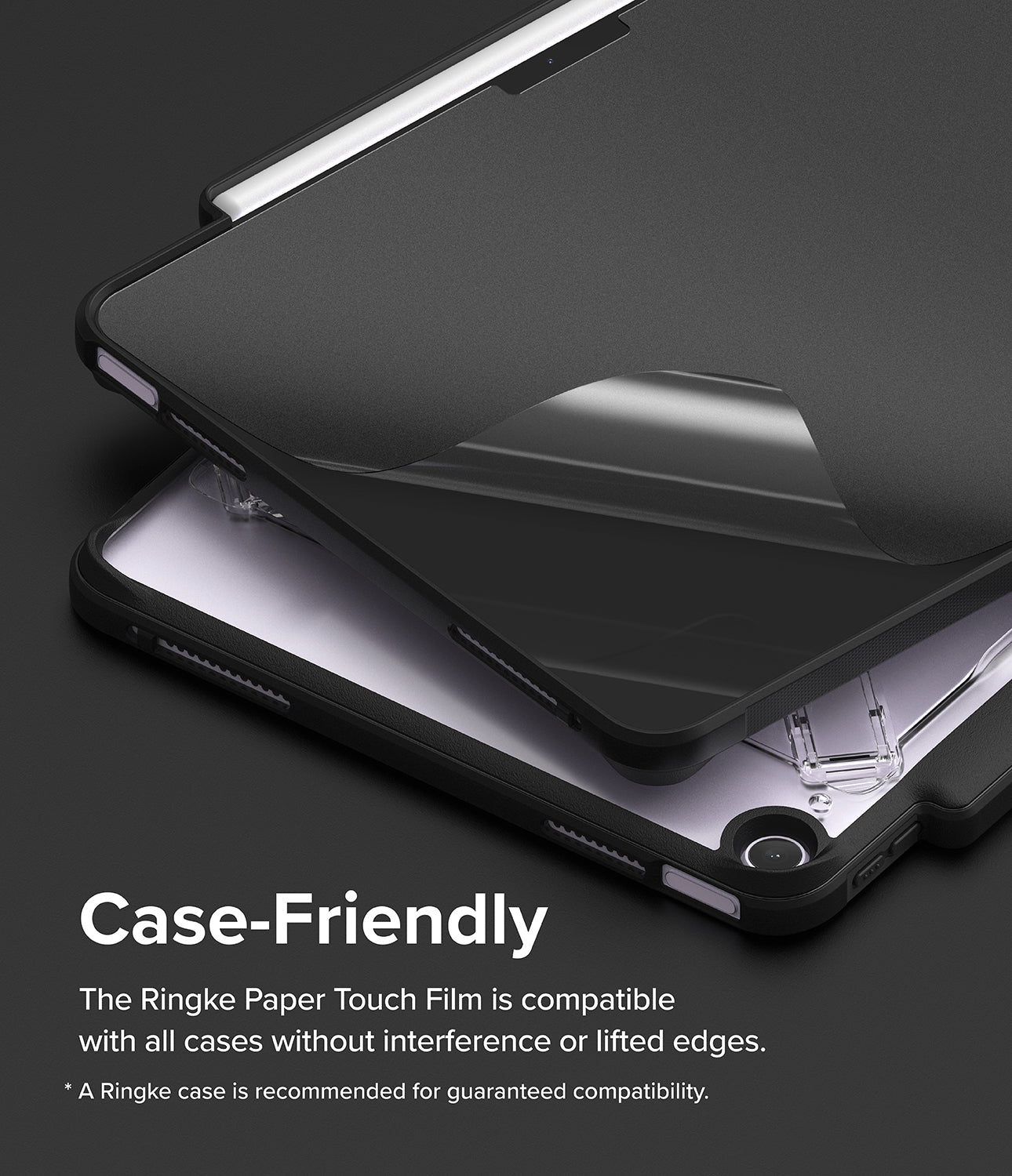 Paper Touch Film Hard | iPad - Paper Touch Film Hard - iPad with a matte screen protector being applied, showing case-friendly fit with a protective cover.