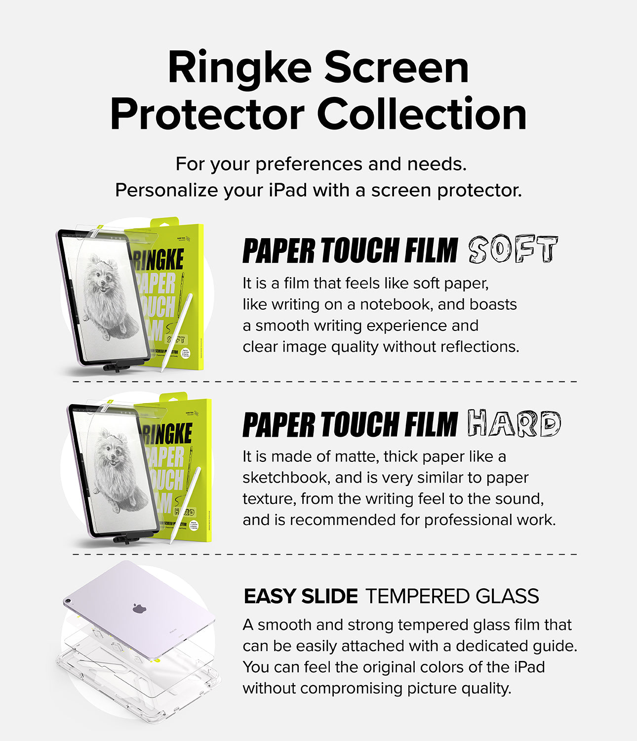 Paper Touch Film Hard | iPad - Paper Touch Film Hard - Comparison chart of Ringke iPad screen protectors, highlighting Paper Touch Soft, Hard, and Glass.