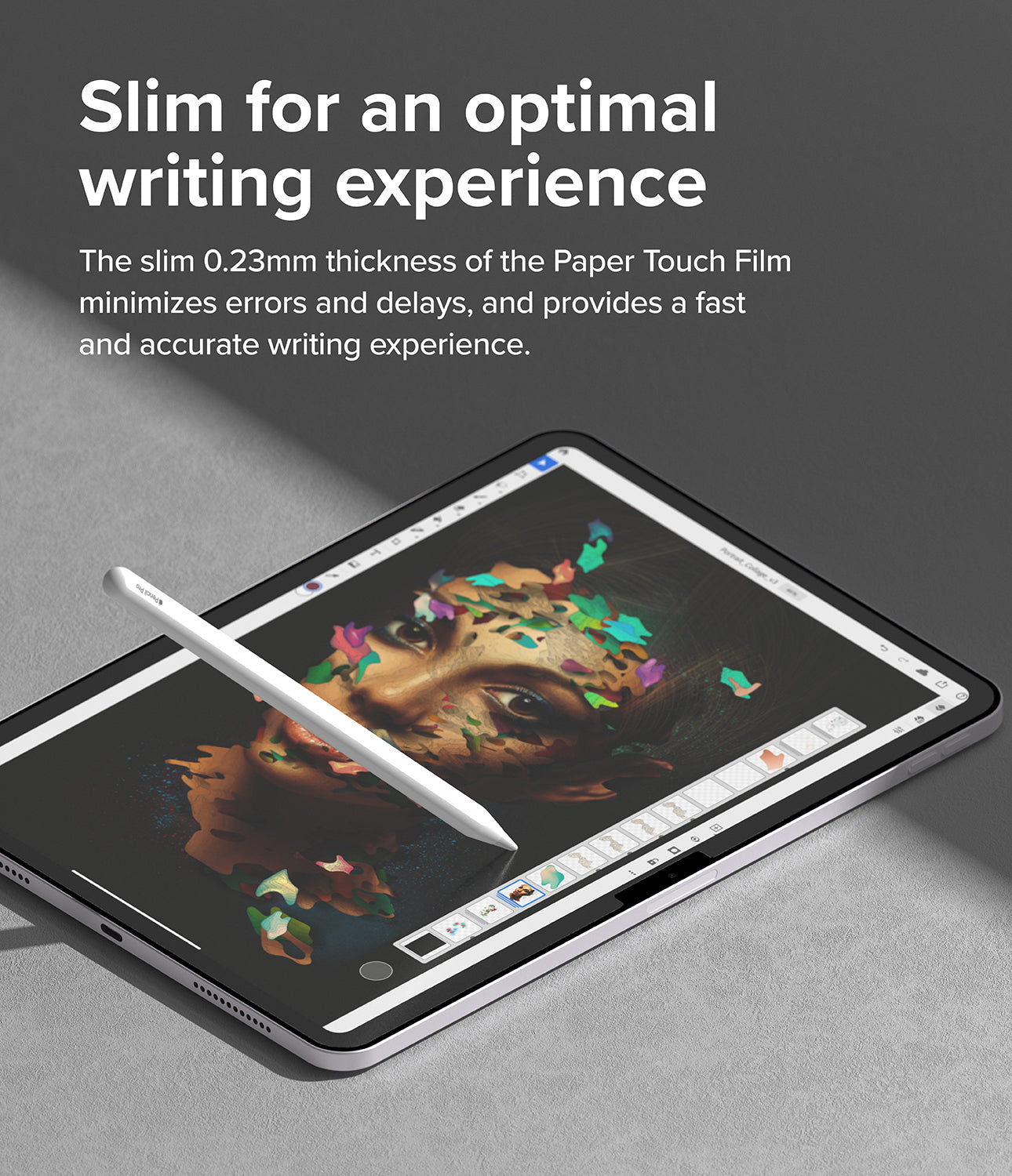 Paper Touch Film Hard | iPad - Paper Touch Film Hard - iPad with a stylus drawing a digital portrait on a screen with text about slim writing thickness.