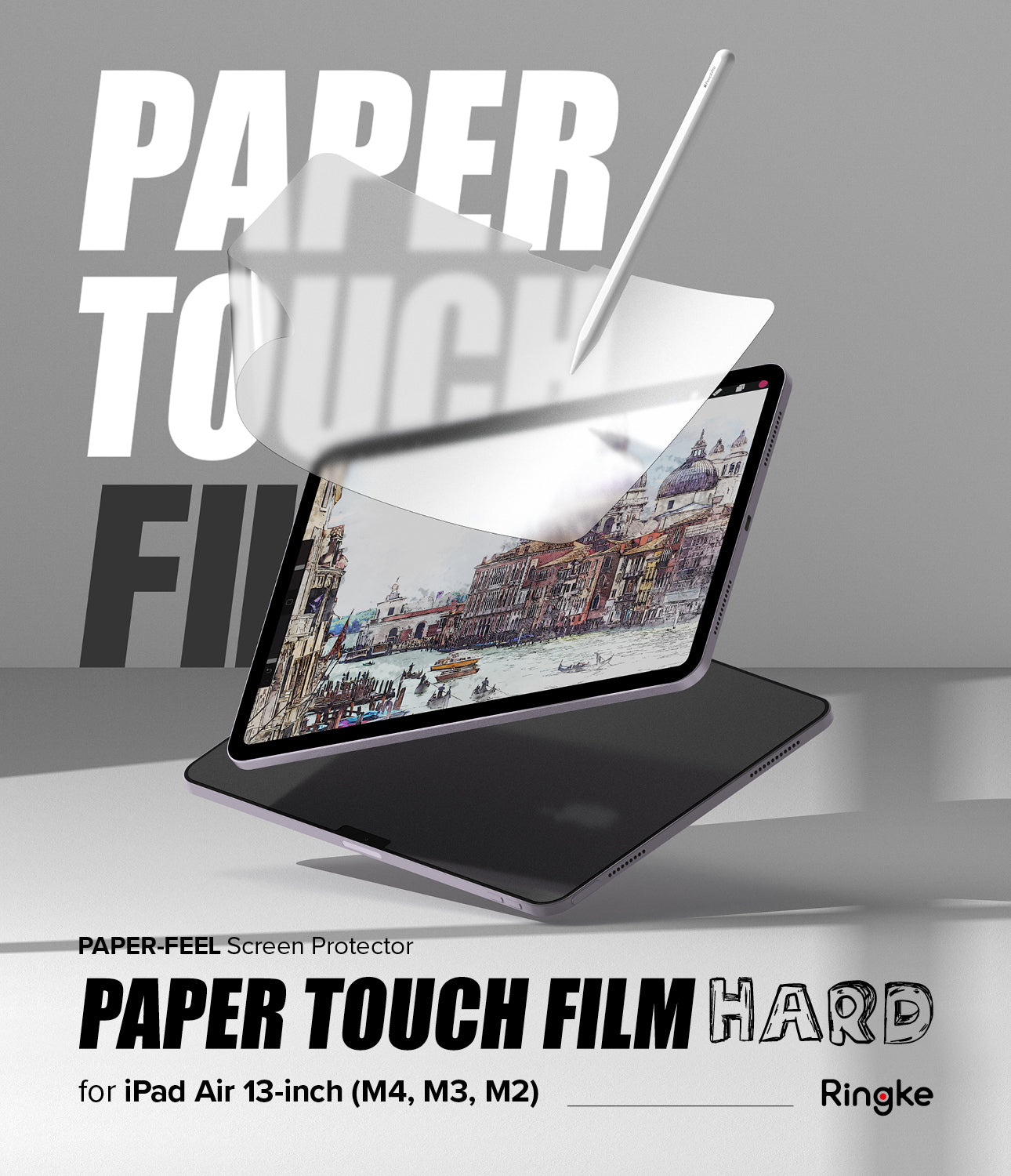 Paper Touch Film Hard | iPad - Paper Touch Film Hard - iPad screen protector being applied to an iPad displaying a Venice watercolor painting.