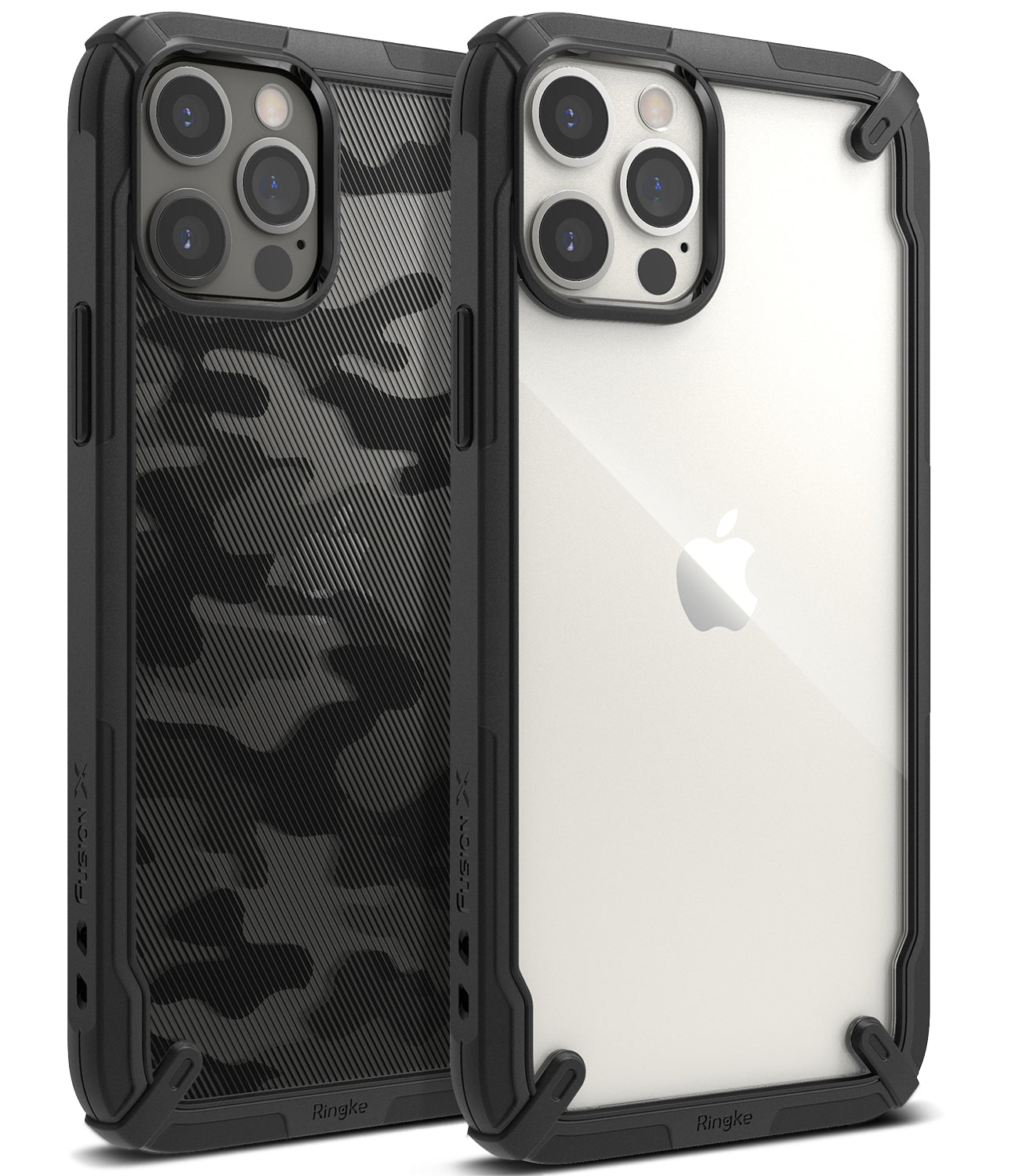 iPhone 12 / 12 Pro Case | Fusion-X - Two rugged black protective cases, one with camo pattern and one clear, for iPhone.