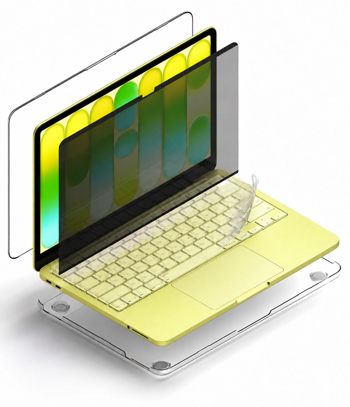 MacBook Neo Case + Protector - A pale yellow laptop shown with transparent screen protectors and a clear protective cover floating around it on a white background.