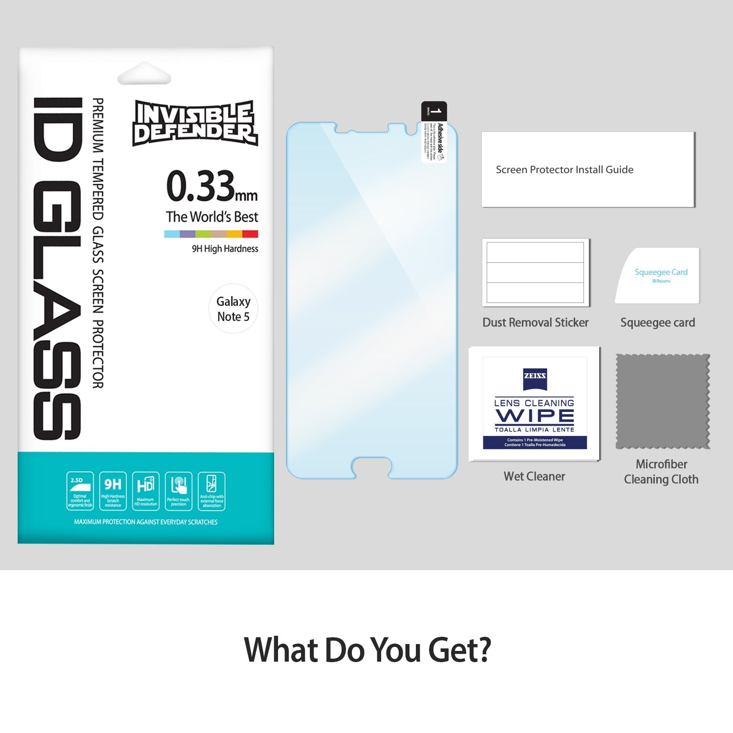 package includes one screen protector, installation guide, wet wipe, dust removal sticker, squegee card, and microfiber cleaning cloth