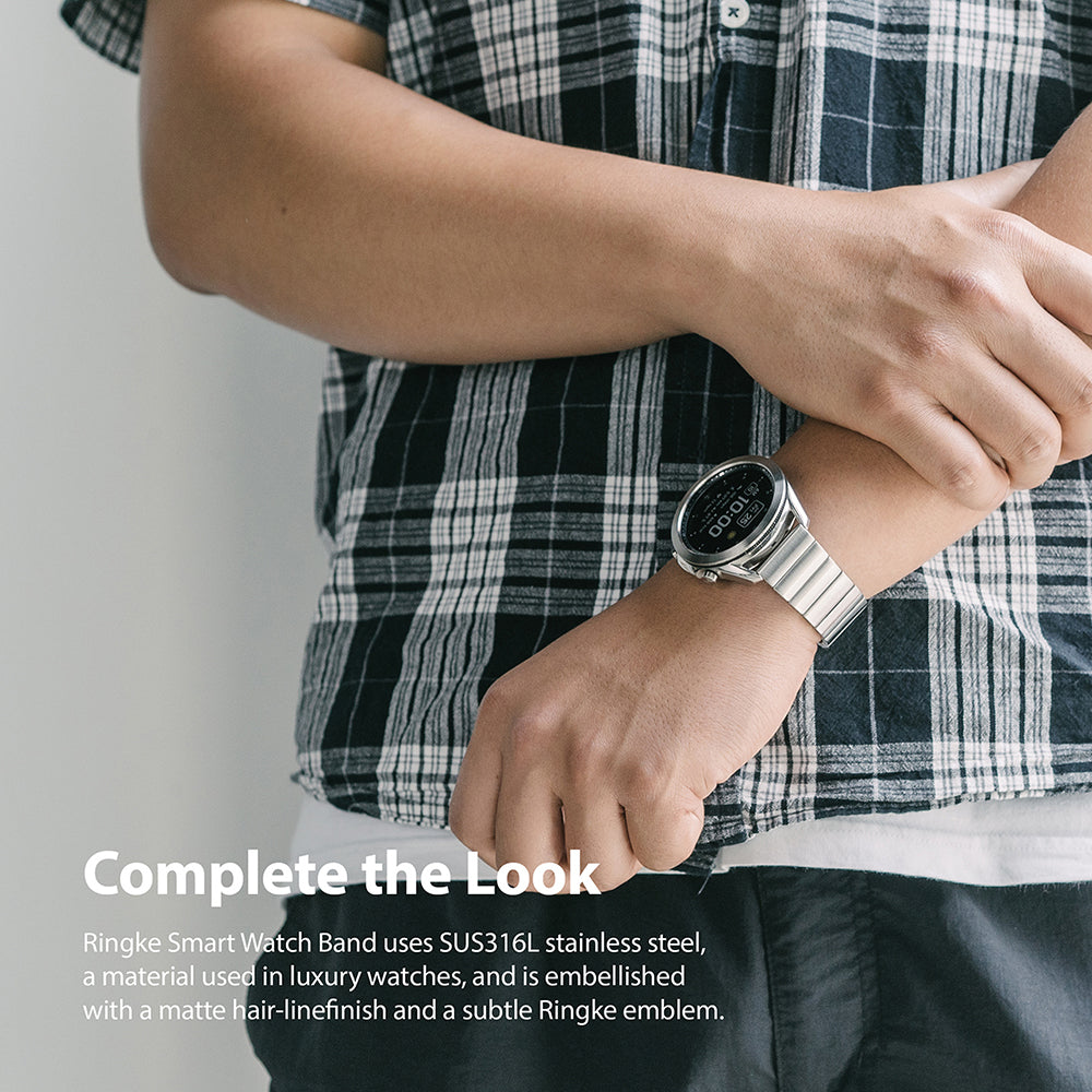 ringke smart watch band uses high quality stainless steel, a material used in luxury brand watches, and is embellished with a matte hair-line finish and a subtle ringke emblem