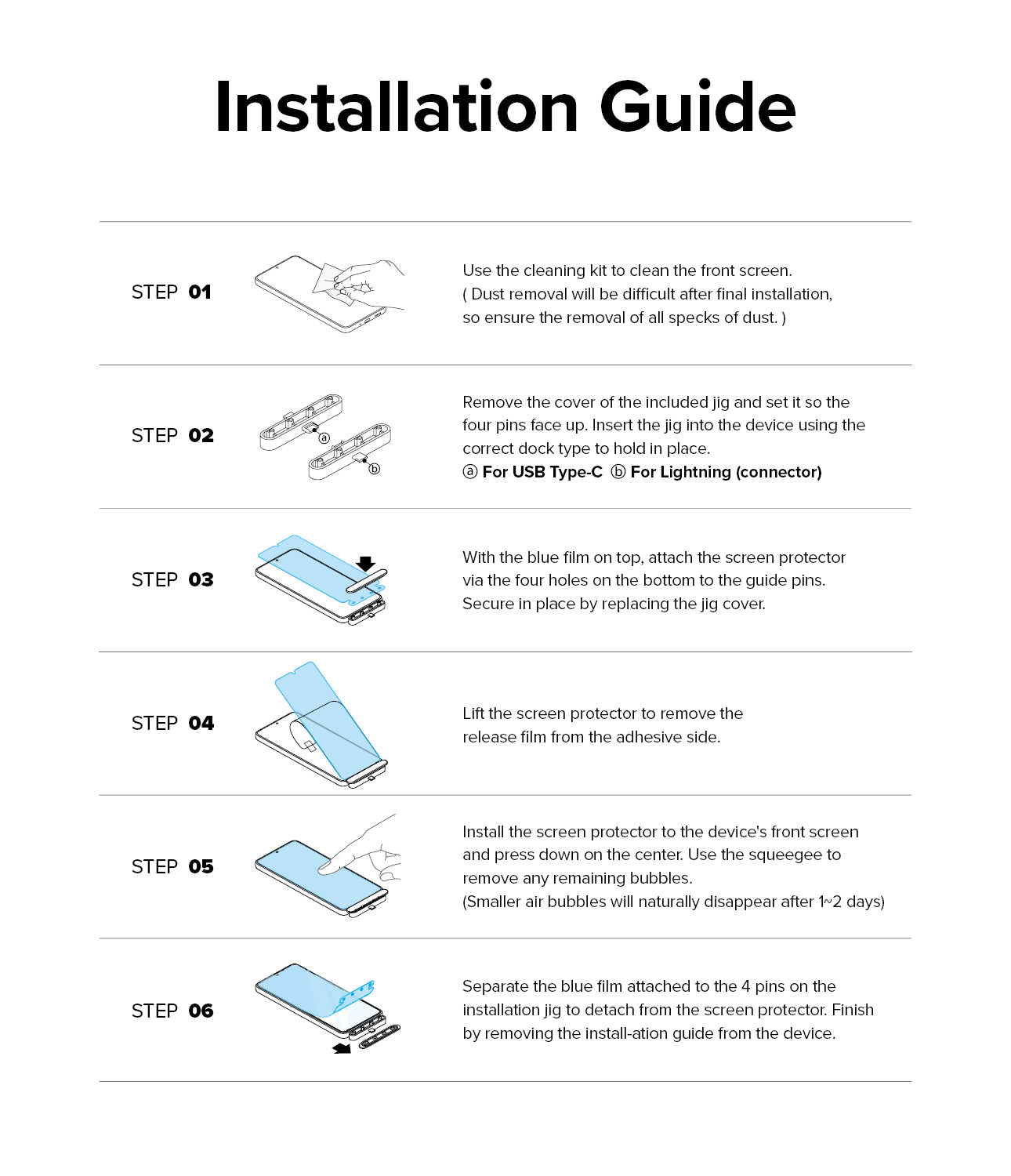 Xiaomi 12T / 12T Pro Screen Protector | Full Cover Glass - Xiaomi 12T / 12T Pro Screen Protector - Six-step illustrated guide showing how to install a screen protector using a jig.