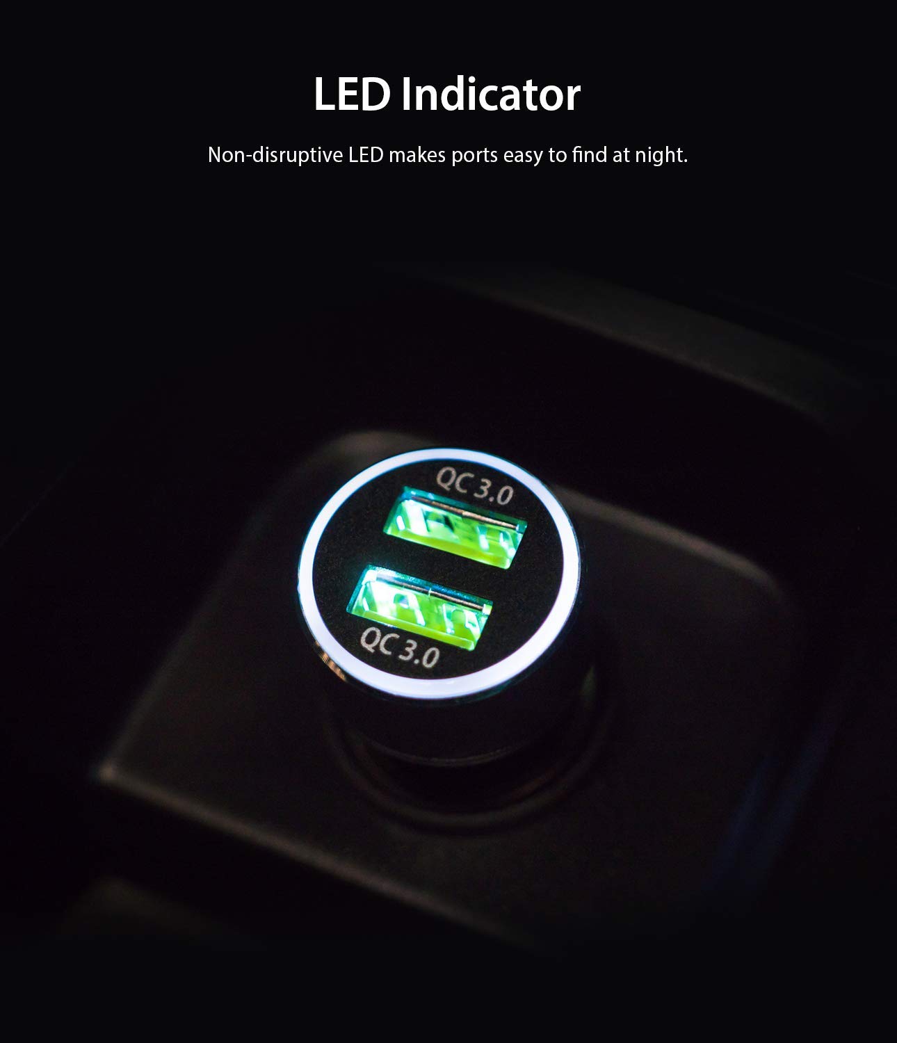 RealX2 Quick Charge 3.0 - Dual-port car charger with glowing green USB ports and a white LED ring in a dark vehicle.