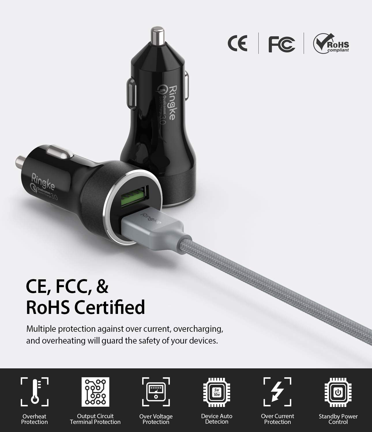 RealX2 Quick Charge 3.0 - Two black Ringke car chargers, one with a connected USB cable, plus safety certification icons.