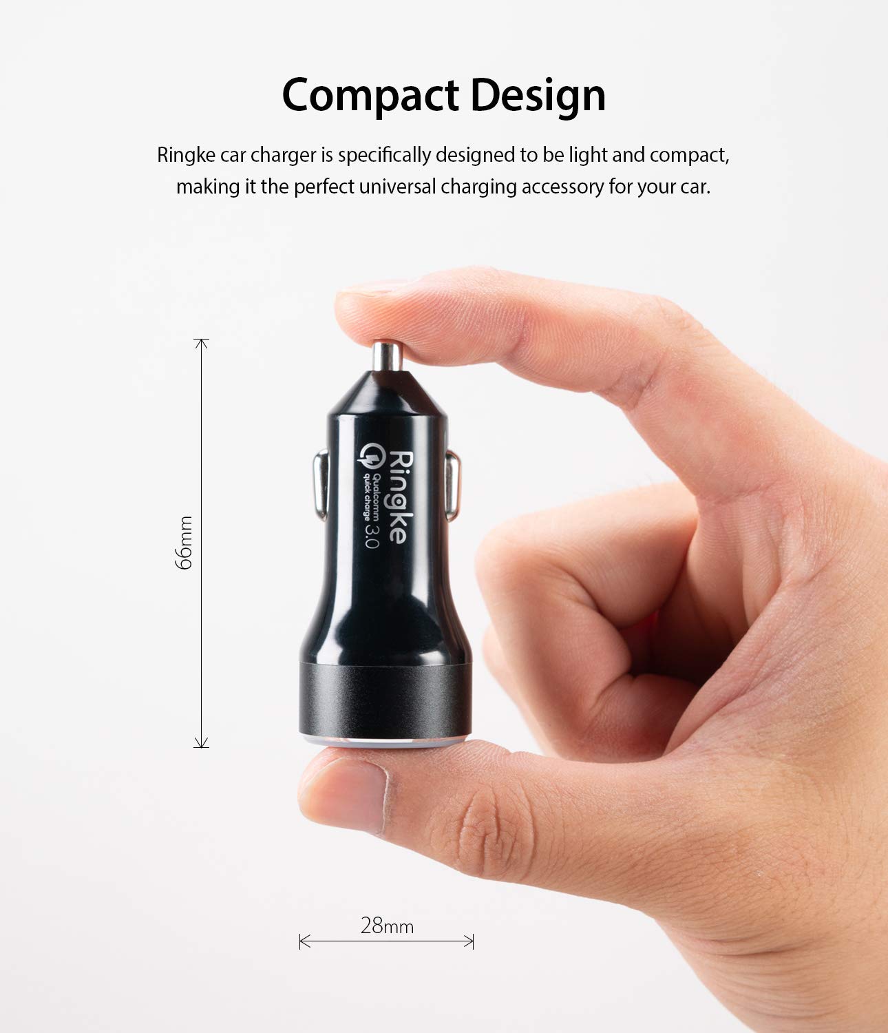 RealX2 Quick Charge 3.0 - Hand holding a compact black Ringke car charger with 66mm height and 28mm width dimensions.