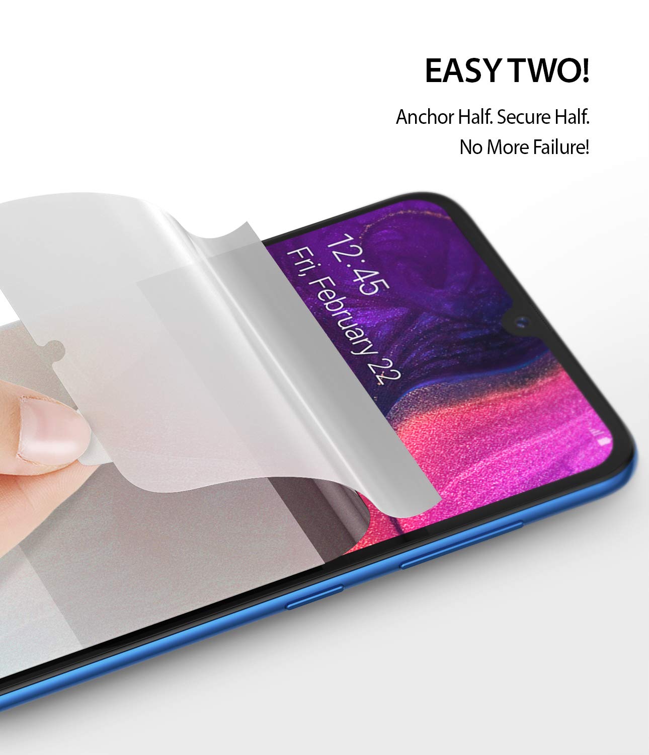 Galaxy A20 Screen Protector | Dual Easy Film - Hand applying a clear screen protector film onto a smartphone screen.