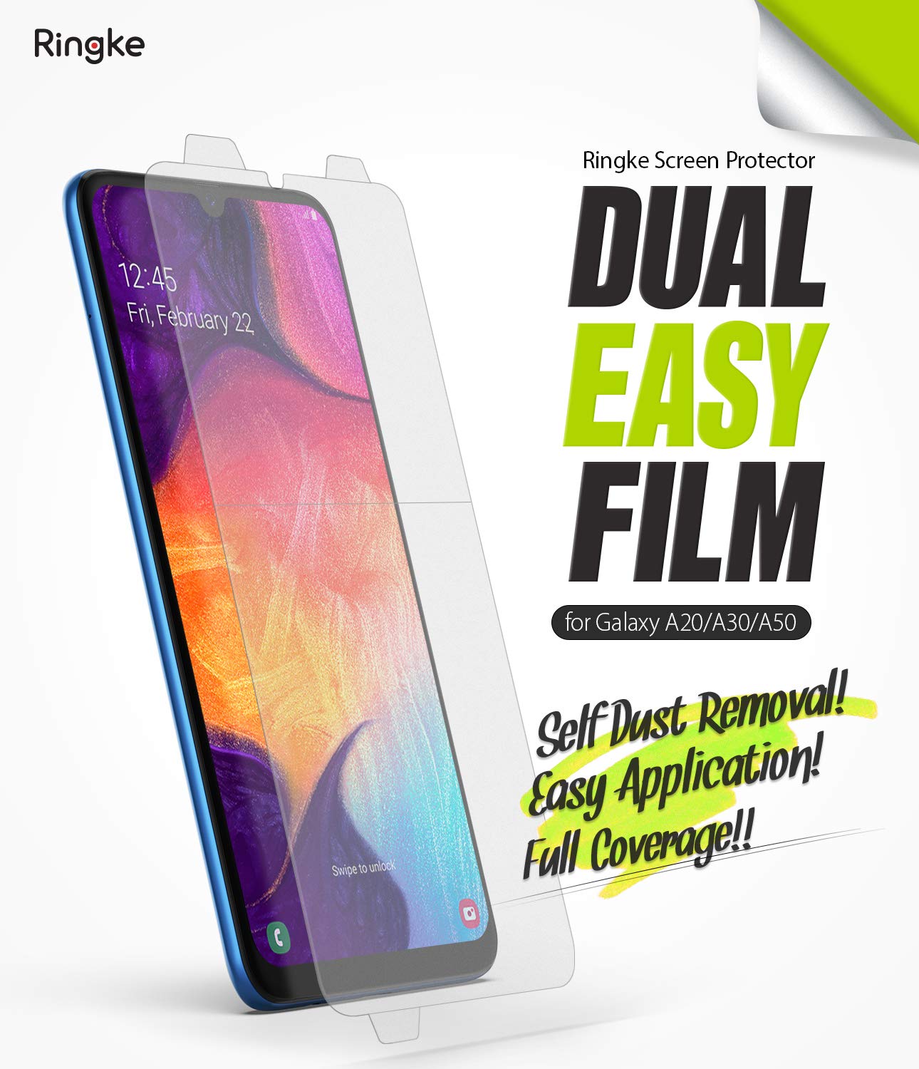 Galaxy A20 Screen Protector | Dual Easy Film - Smartphone with a transparent screen protector film being applied.