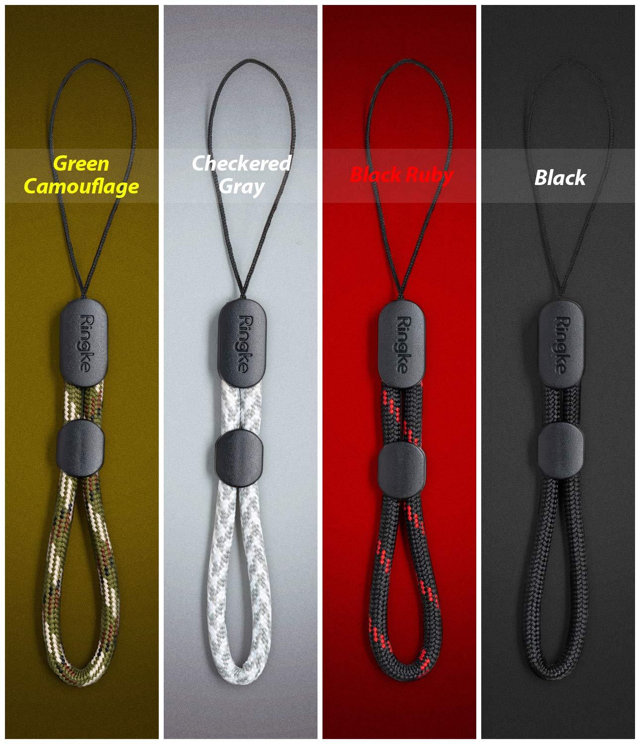 ringke paracord lanyard finger strap comes in 4 colors Green Camouflage, Checkered Gray, Black Ruby, and Black
