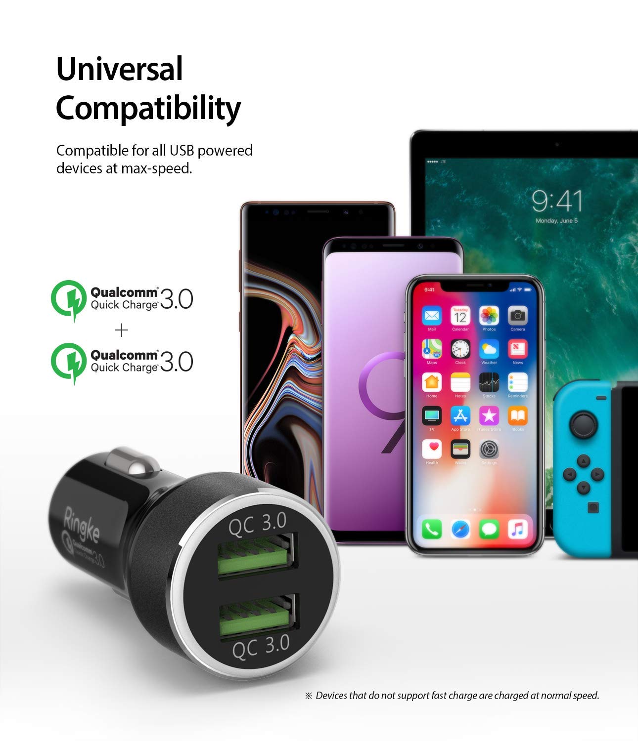 RealX2 Quick Charge 3.0 - Dual-port car charger with Qualcomm Quick Charge 3.0 technology charging various mobile devices.
