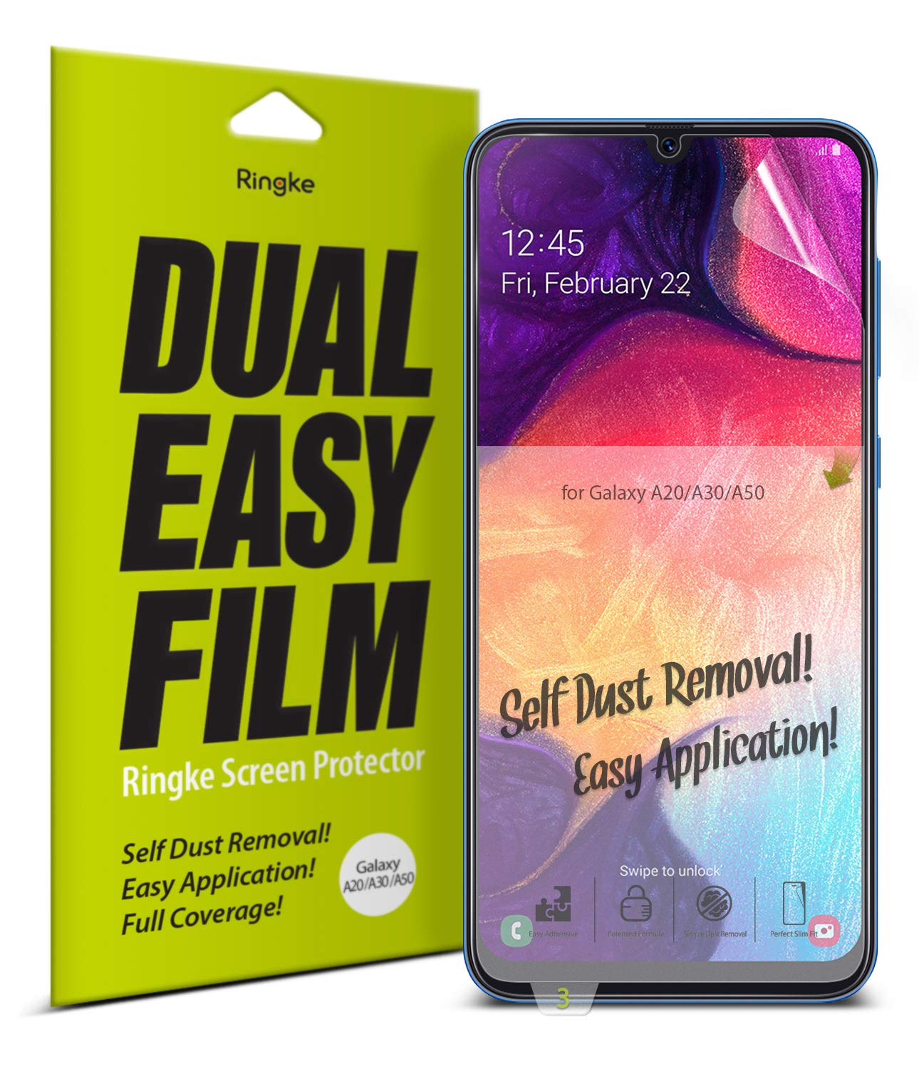 Galaxy A20 Screen Protector | Dual Easy Film - Ringke screen protector packaging next to a Galaxy smartphone.