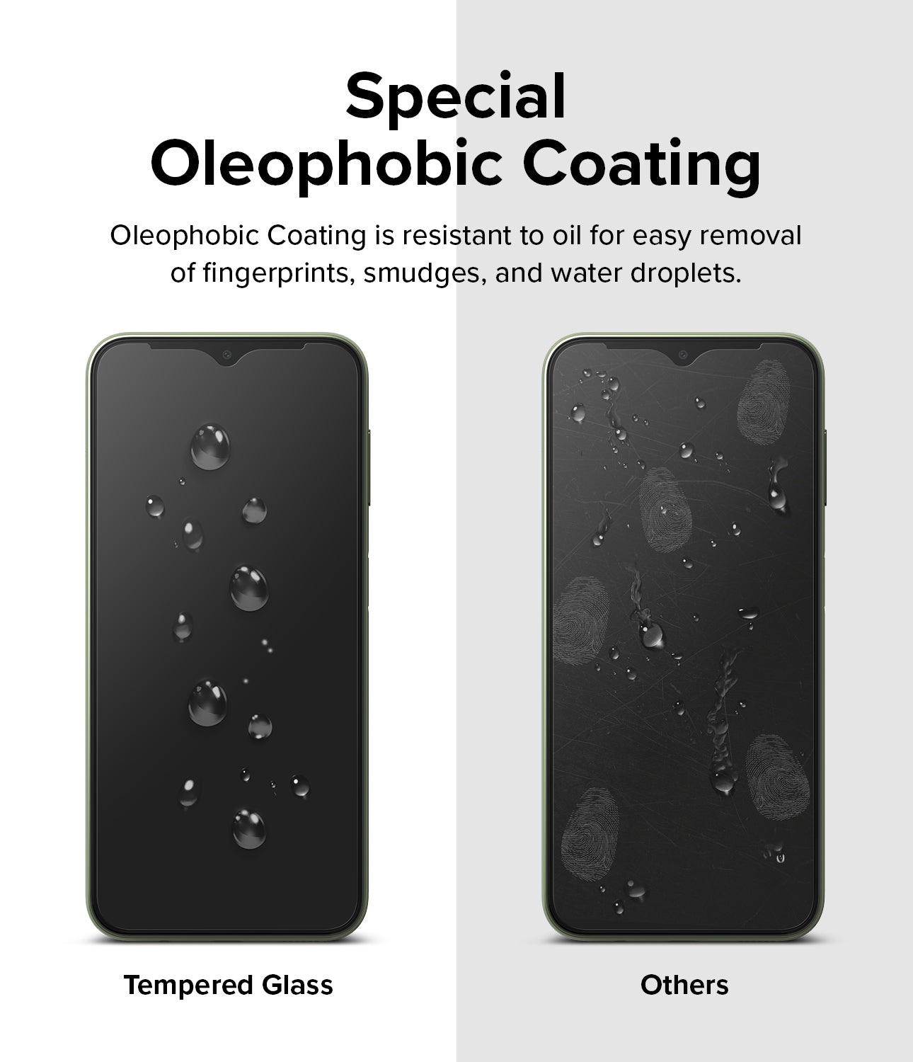 Special Oleophobic Coating l Oleophobic Coating is resistant to oil for easy removal of fingerprints, smudges, and water droplets.