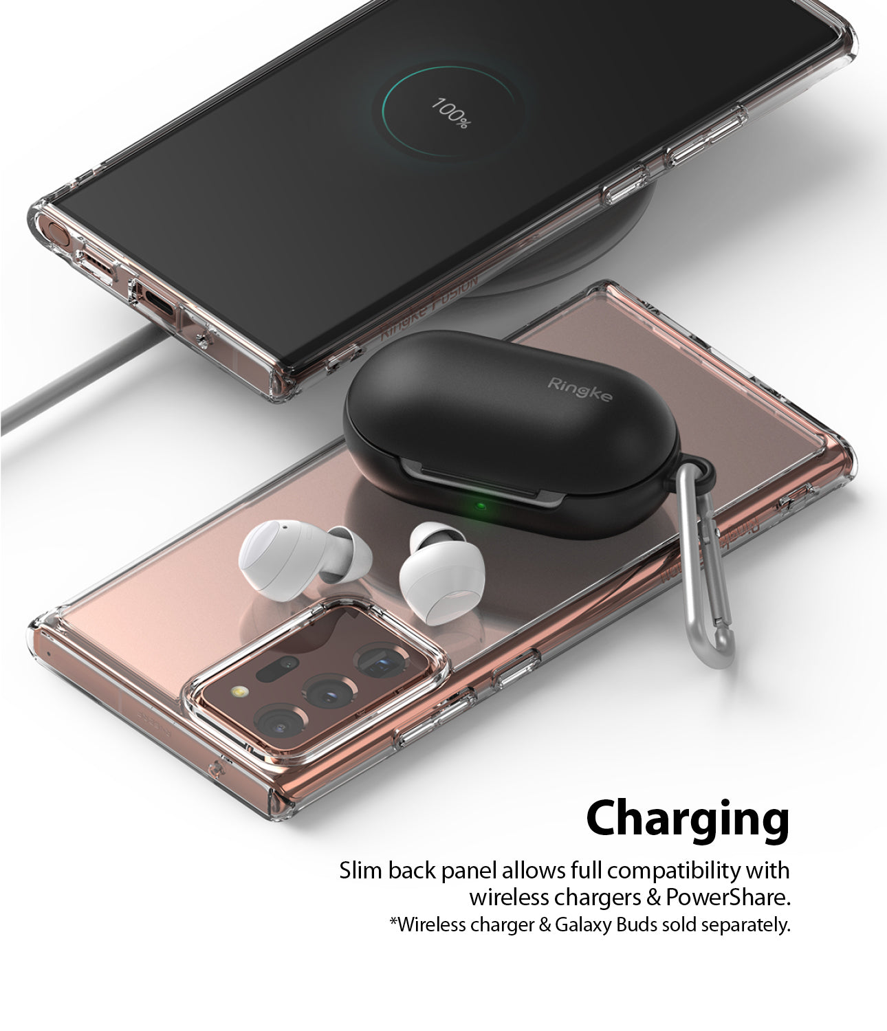 slim back panel allows full compatibility with wireless chargers and powershare