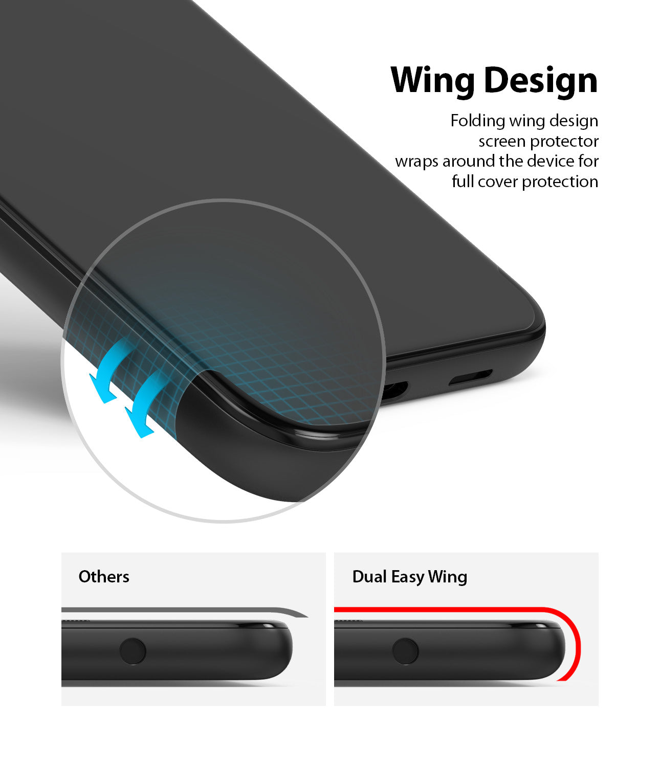 folding wing design screen protector wraps around the device for full cover protection