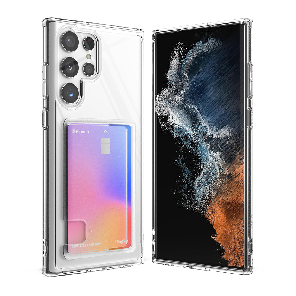 Galaxy S22 Ultra Case | Fusion Card - Clear phone case with a rear card slot holding a colorful credit card.
