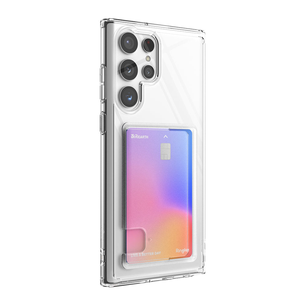 Galaxy S22 Ultra Case | Fusion Card - Clear phone case with a built-in card holder containing a colorful gradient card.