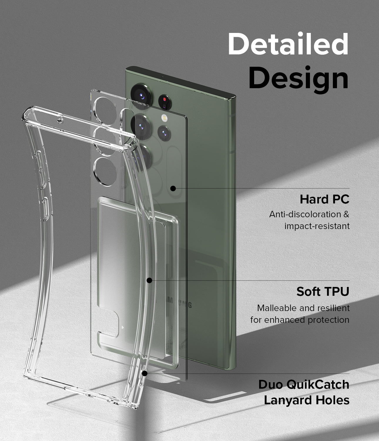 Detailed Design l Hard PC - Anti-discoloration & impact-resistant. Soft TPU - Malleable and resilient for enhanced protection. Duo QuikCatch Lanyard Holes.