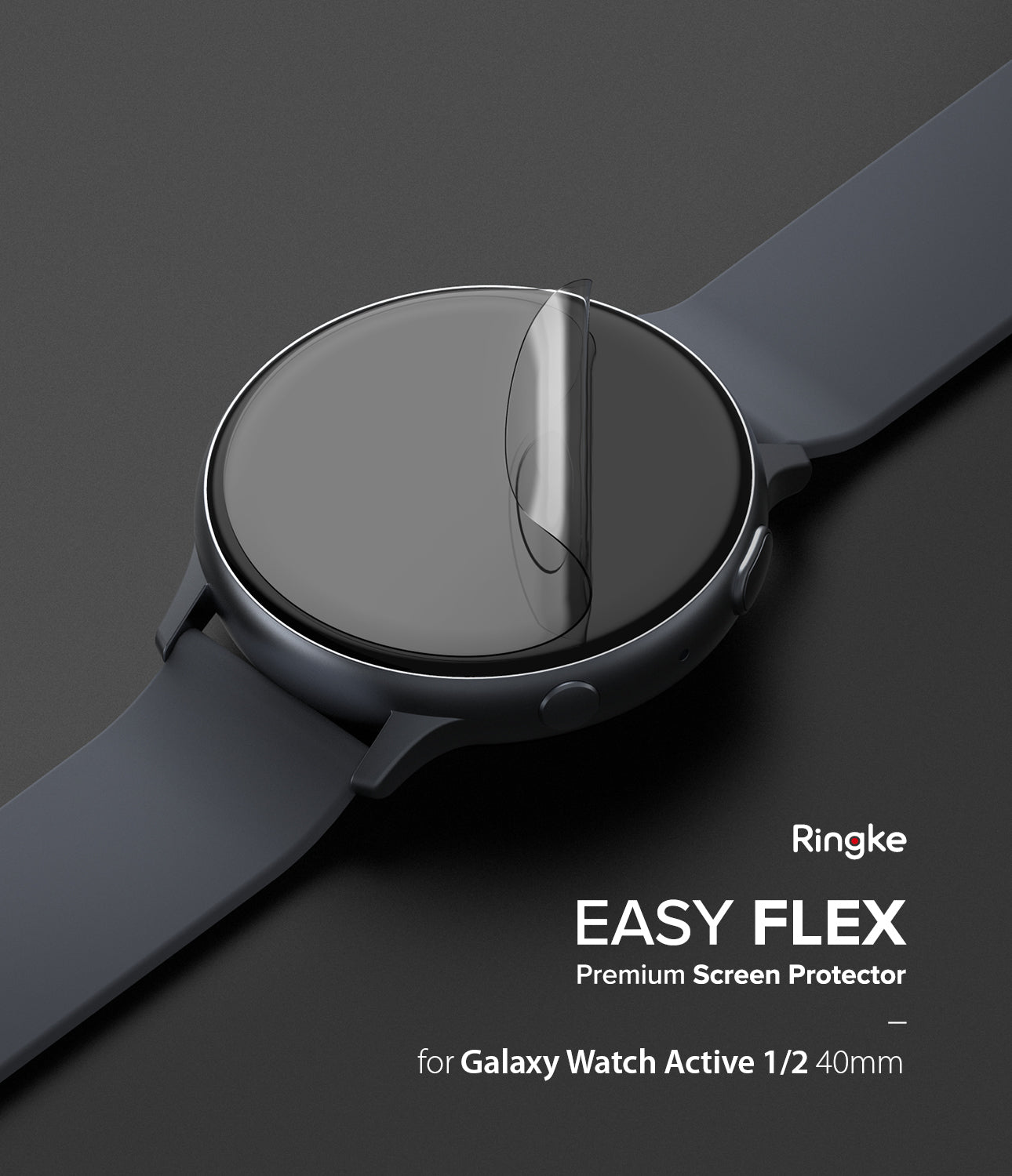 Galaxy Watch Active 2 (40mm) | Easy Flex - Clear screen protector film being applied to a black Galaxy Watch Active 2.