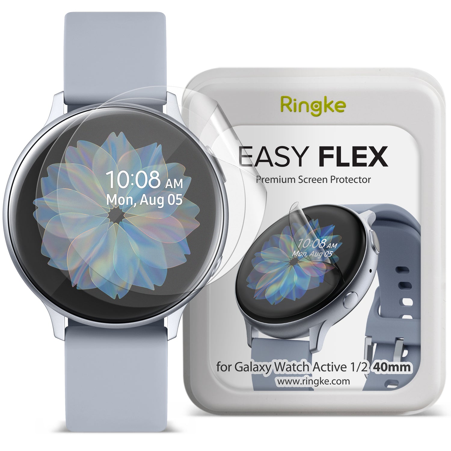 Galaxy Watch Active 2 (40mm) | Easy Flex - Clear screen protector film being applied to a silver Galaxy Watch Active 2.