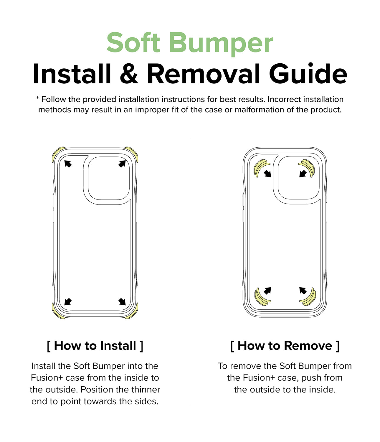 iPhone 14 Pro Max Case | Fusion Plus - Diagram showing installation and removal steps for a soft bumper case.