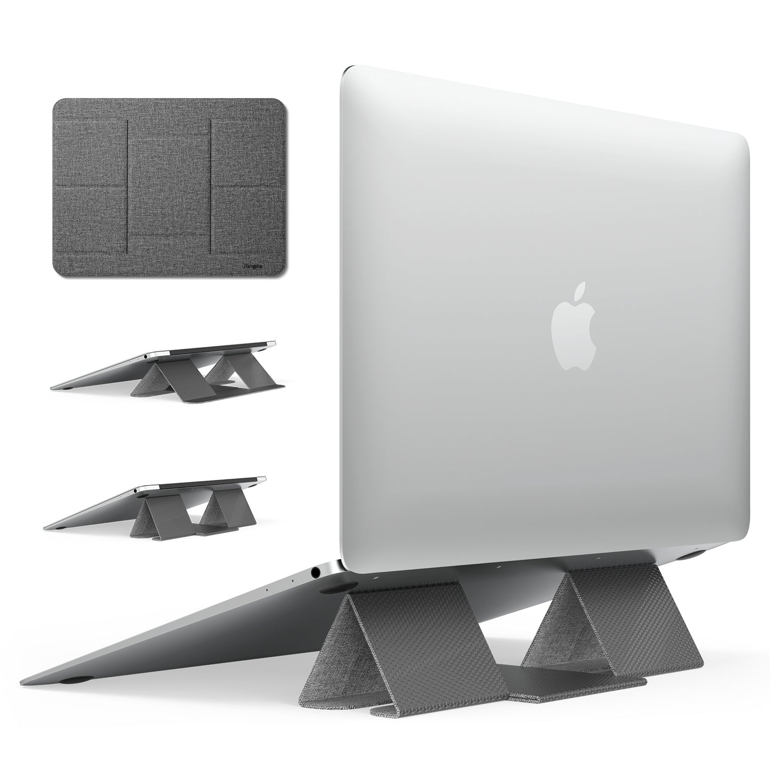 Folding Stand 2 - Gray adhesive laptop stand shown flat and folded to prop up a silver laptop at different angles.