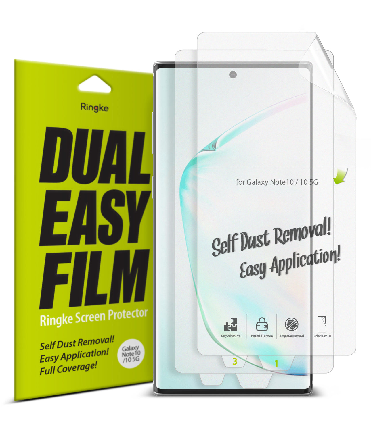 Galaxy Note 10 Screen Protector | Dual Easy Film - Ringke screen protector packaging next to a Galaxy Note 10.