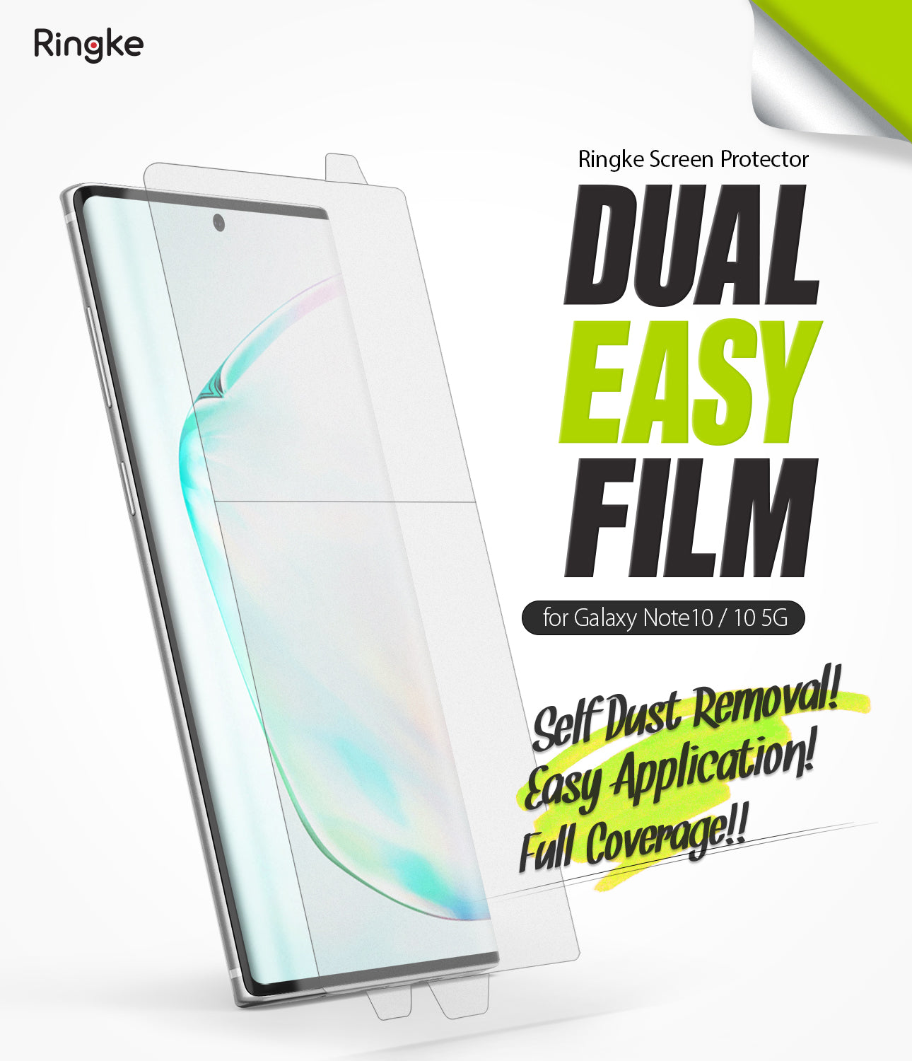 Galaxy Note 10 Screen Protector | Dual Easy Film - A clear screen protector film being applied to a Galaxy Note 10.