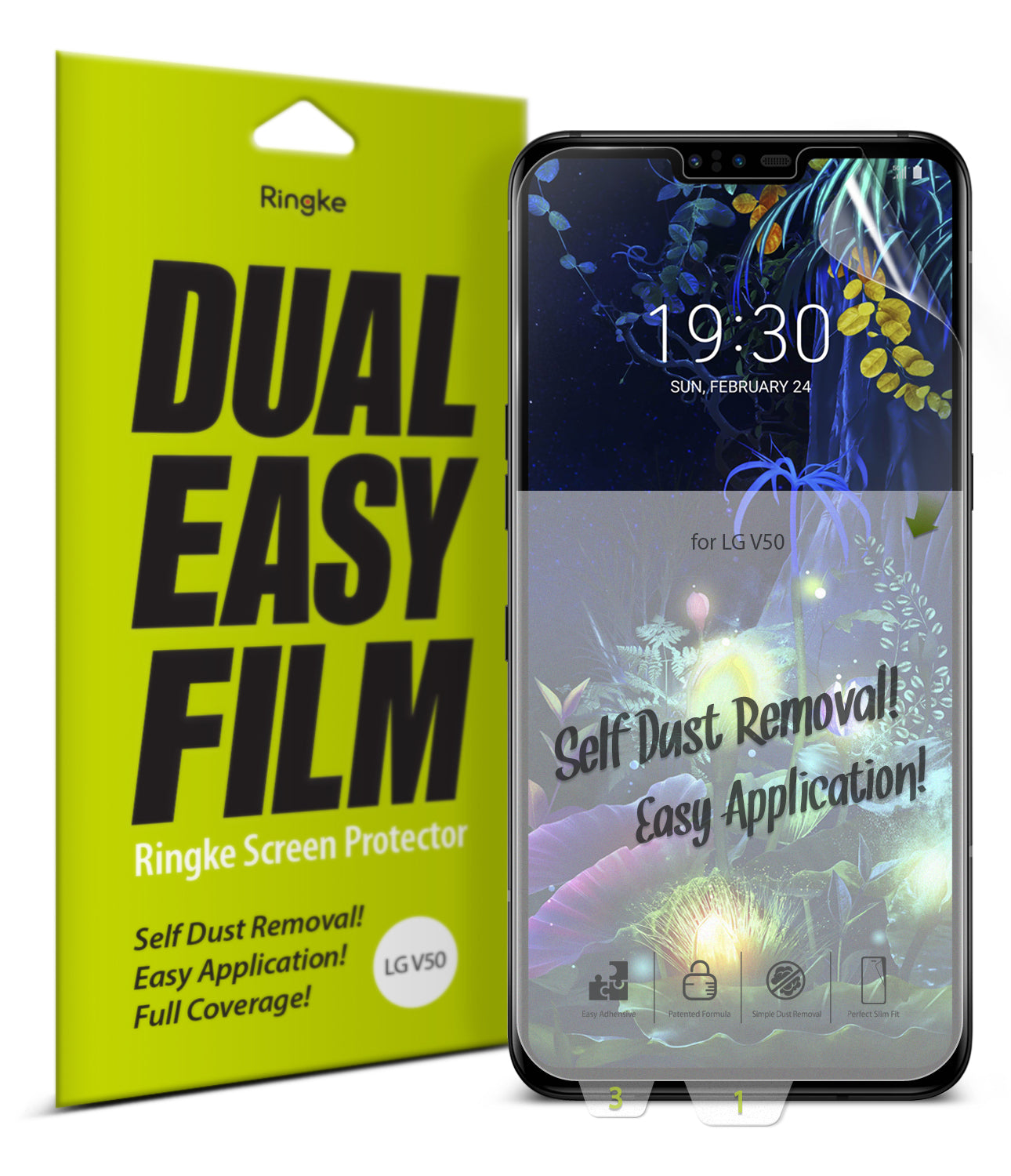 LG V50 ThinQ Screen Protector | Dual Easy Film - LG V50 ThinQ Screen Protector - Ringke Dual Easy Film packaging next to an LG V50 phone with a screen protector applied.